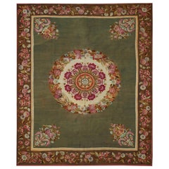 19th Century - Handwoven Aubusson Rug - French Antique Design - Green and Floral
