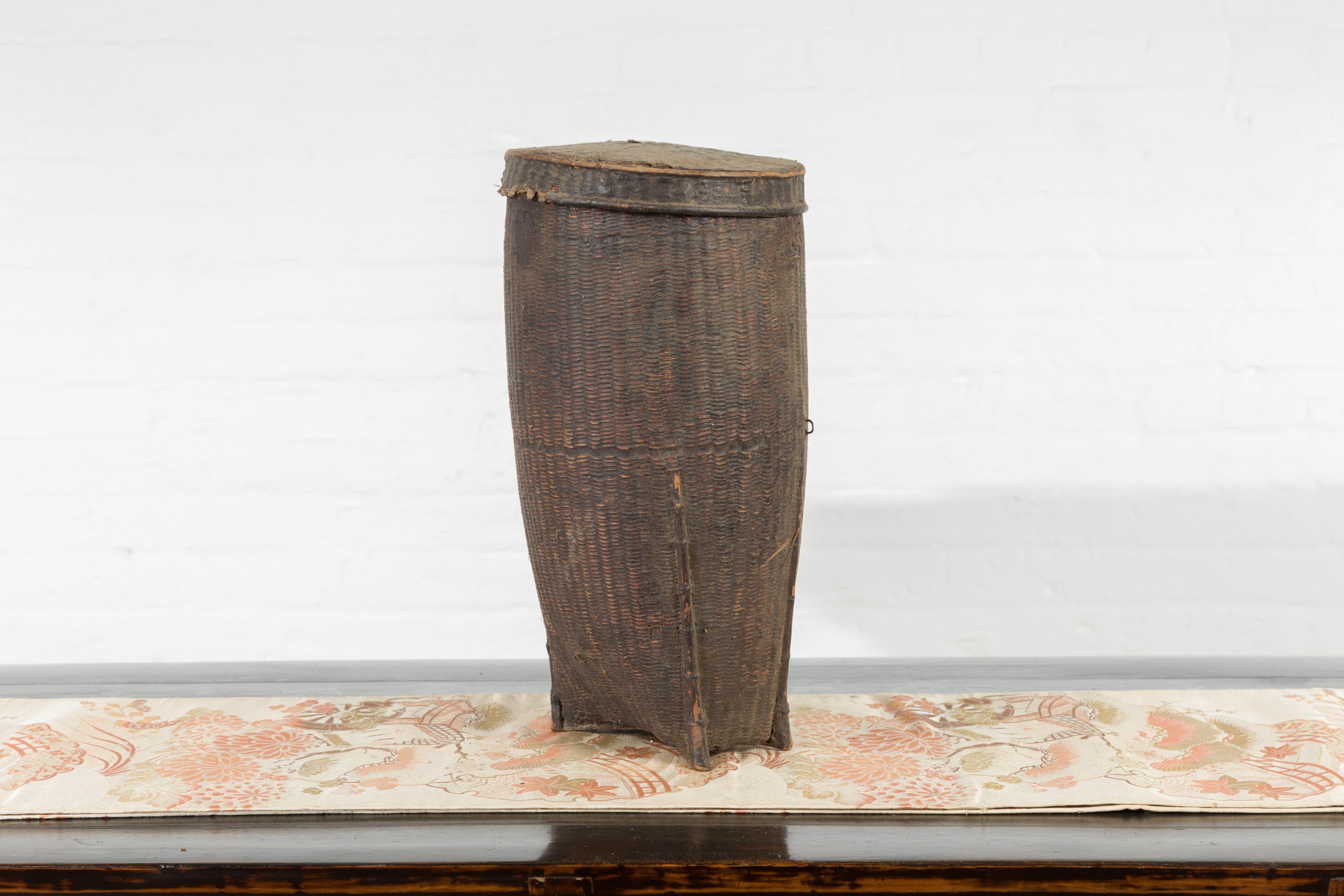 Rustic 19th Century Handwoven Rattan Carrying Basket from the Philippines with Lid For Sale