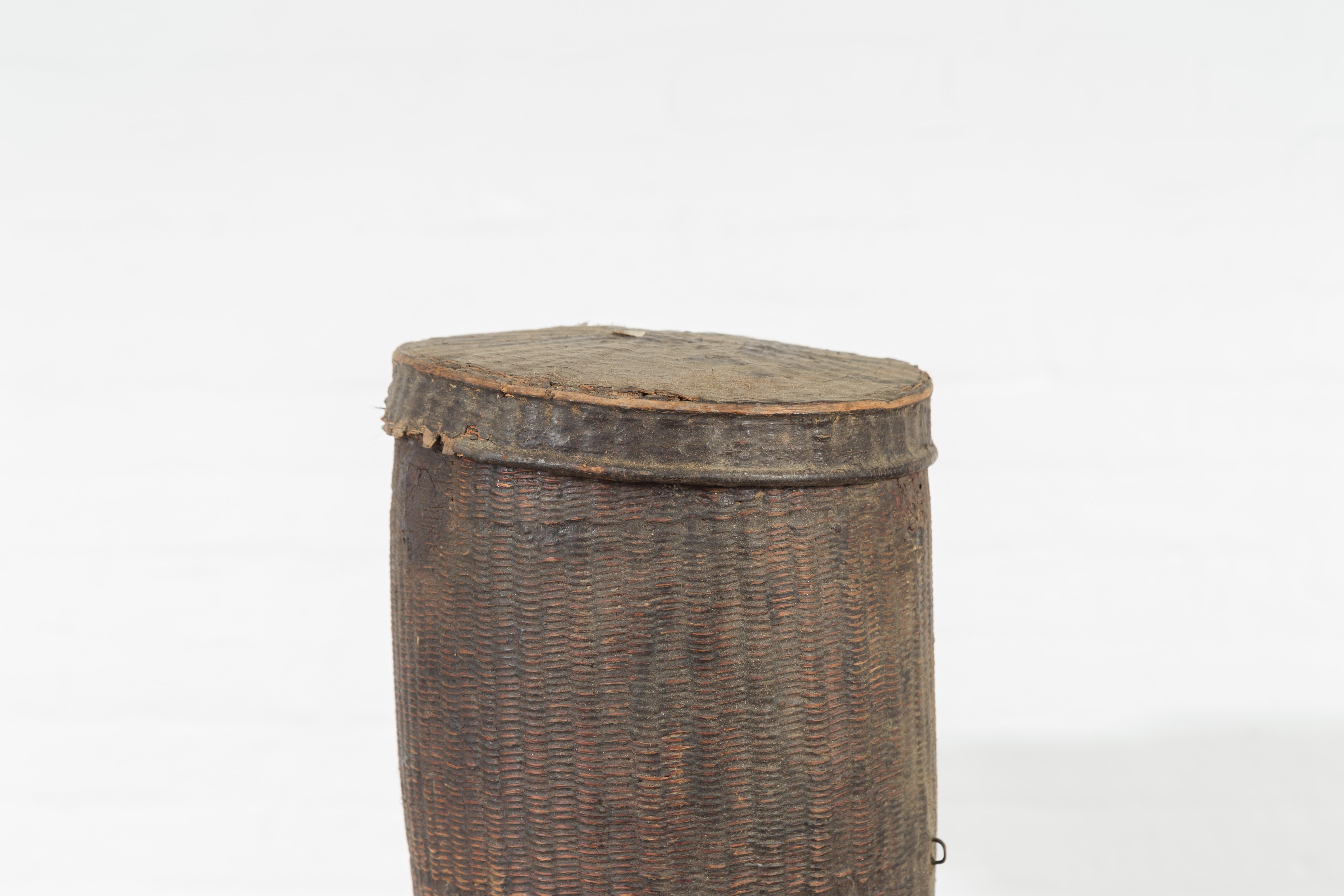 Hand-Woven 19th Century Handwoven Rattan Carrying Basket from the Philippines with Lid For Sale