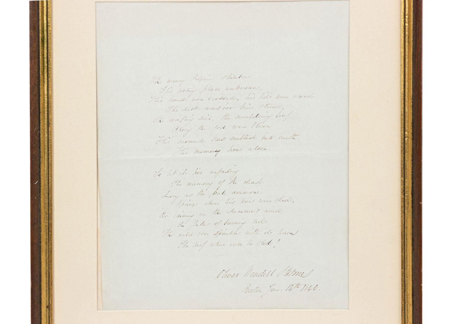 Poème original en script daté de 1846 dans un cadre rectangulaire en bois et doré et un passe-partout beige (Oliver Wendell Holmes).