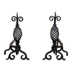 19th Century Handwrought Iron Gothic Fireplace Andirons Firedogs