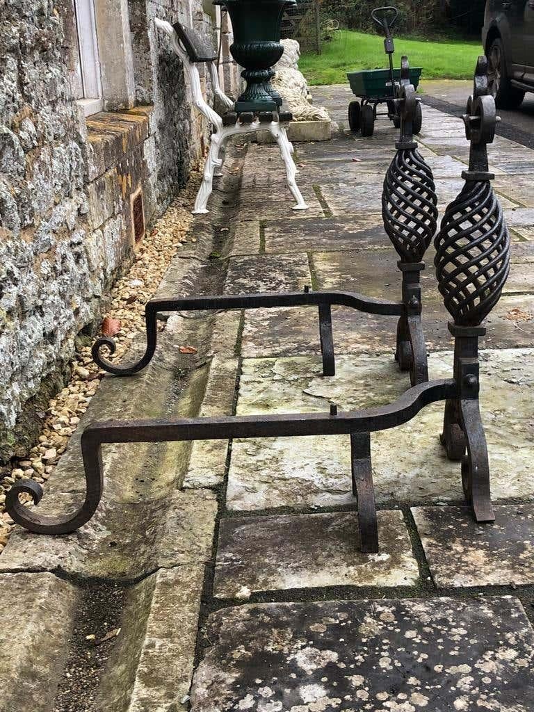 English 19th Century Handwrought Iron Gothic Fireplace Andirons Firedogs For Sale