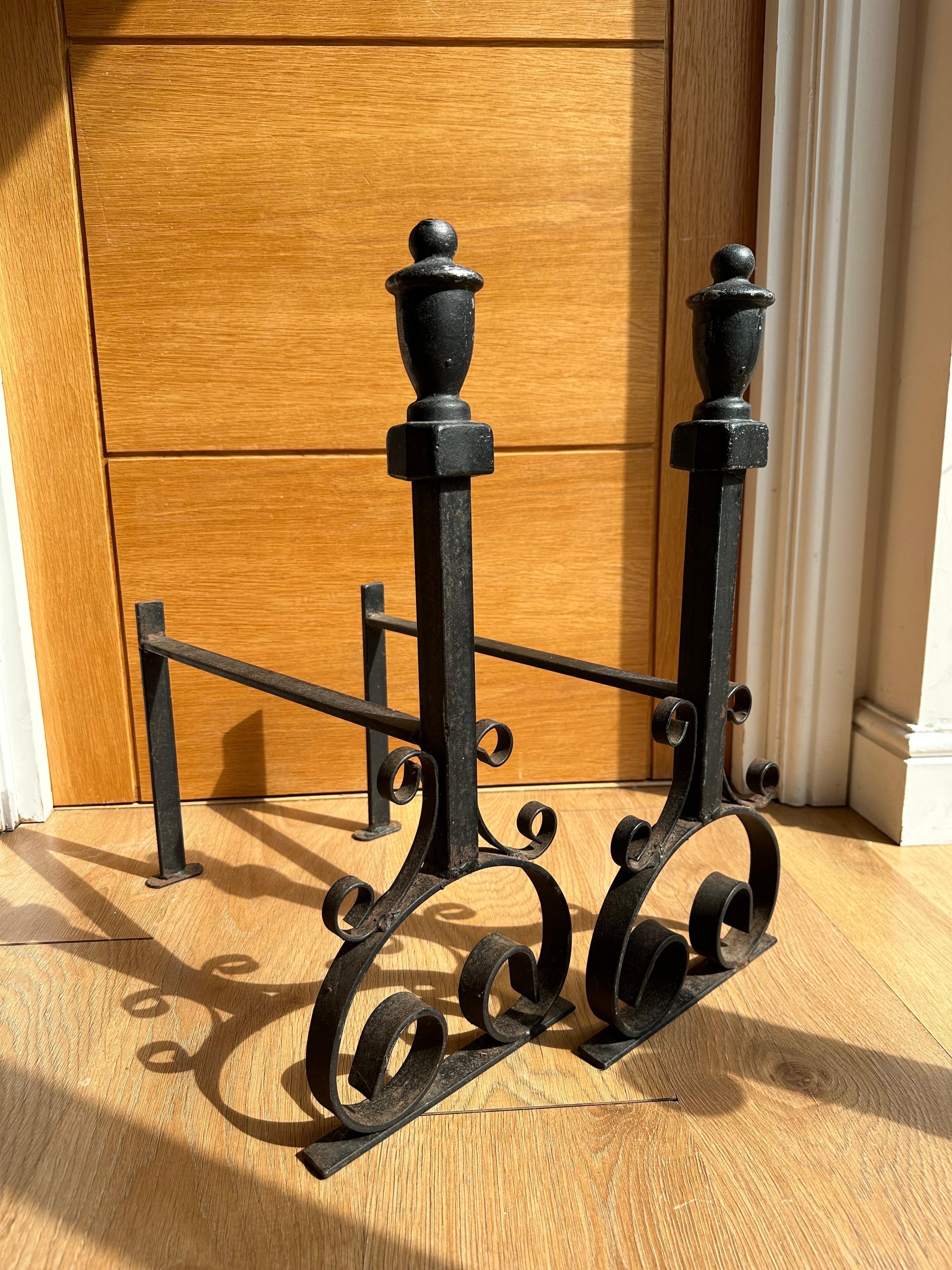 English 19th Century Handwrought Iron Gothic Fireplace Andirons Firedogs For Sale