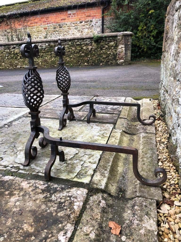 19th Century Handwrought Iron Gothic Fireplace Andirons Firedogs In Good Condition For Sale In Southall, GB