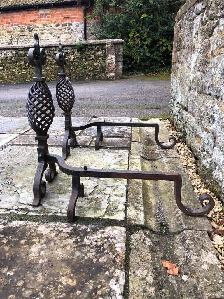 19th Century Handwrought Iron Gothic Fireplace Andirons Firedogs For Sale 1