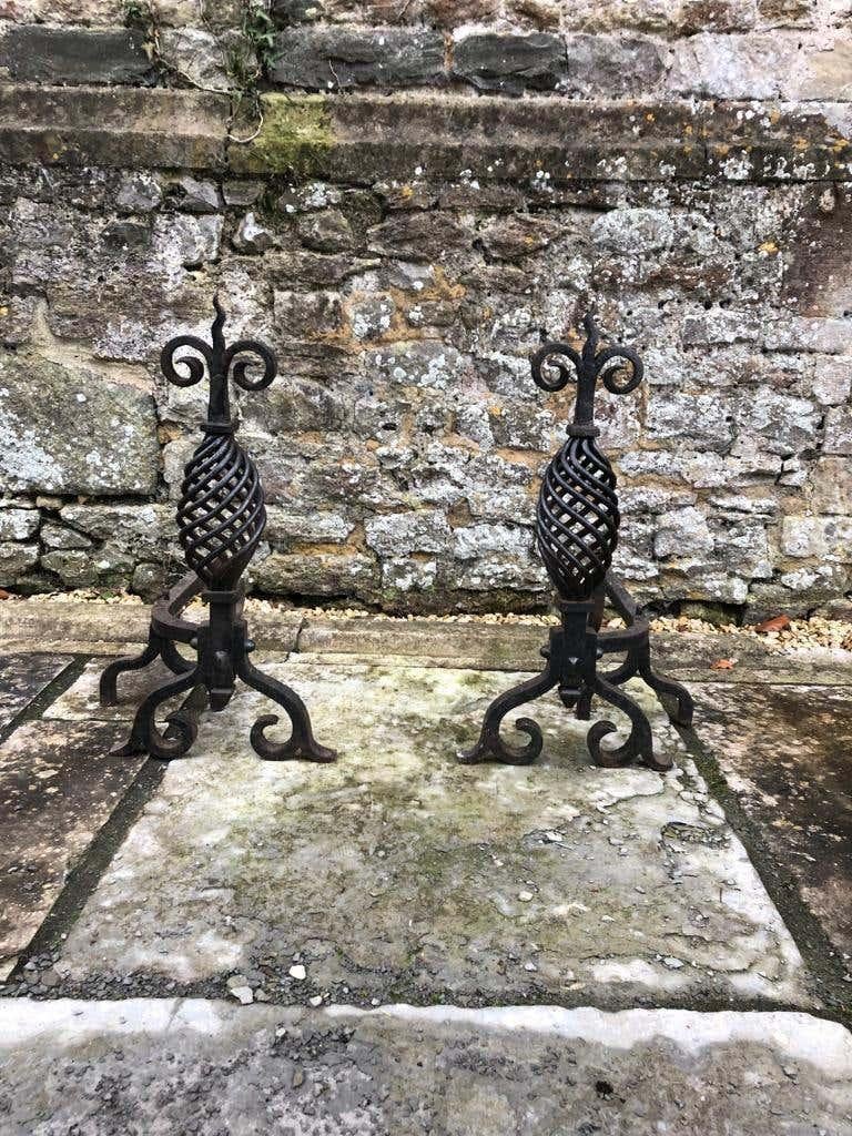 19th Century Handwrought Iron Gothic Fireplace Andirons Firedogs For Sale 2