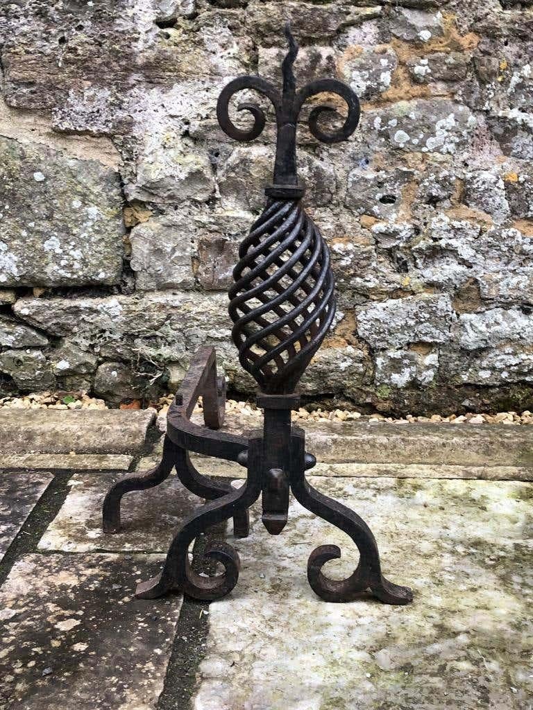 19th Century Handwrought Iron Gothic Fireplace Andirons Firedogs For Sale 3