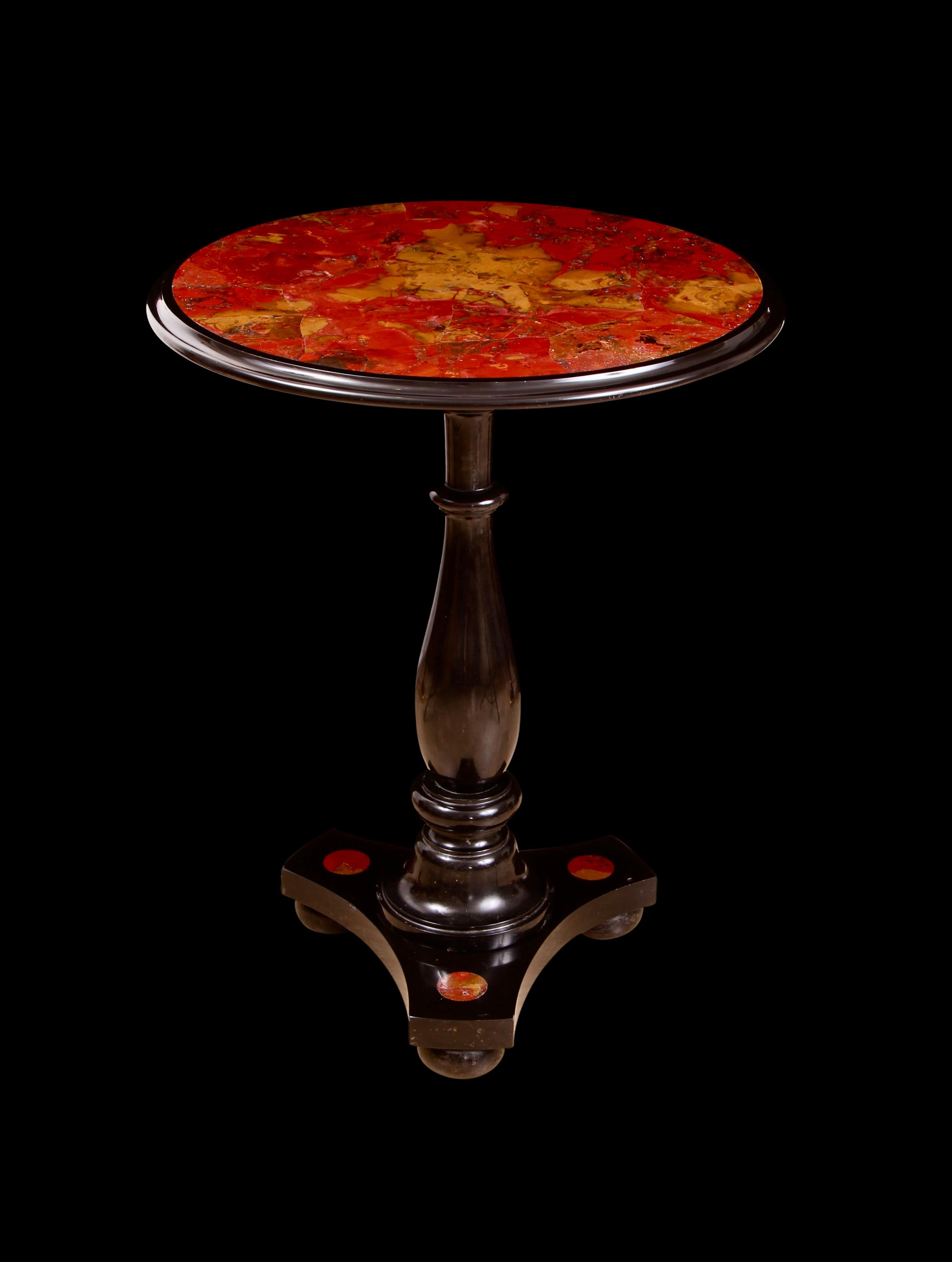 Rare 19th Century Florentine Sicilian Hardstone Agate Inlaid Black Marble Centre Table.

The lovely Pietra Dura piece, inlaid with the most stunningly rich and vivid Sicilian Hardstone Agate, fabulously contrasts to absolute perfection with the