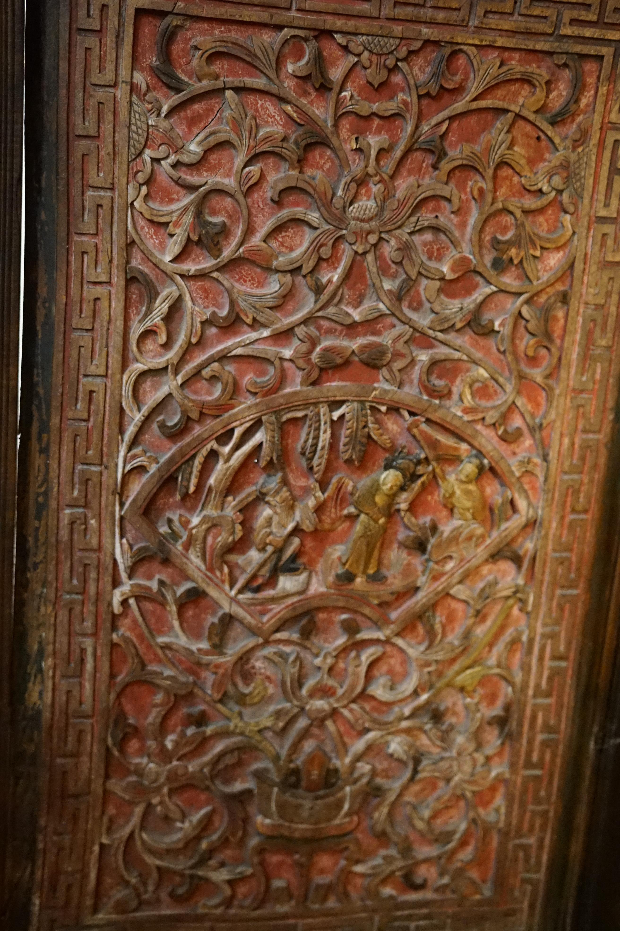Chinese 19th Century Hardwood Red and Ebonized Carved Figural Two-Panel Screen