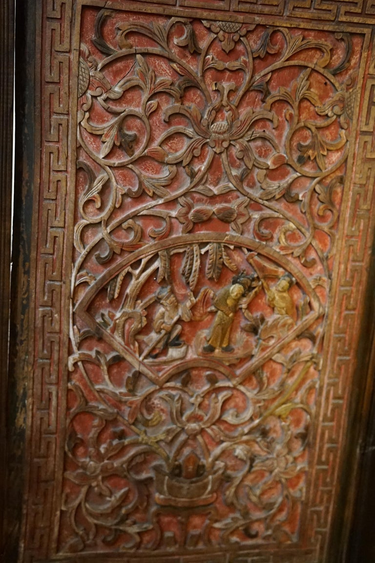 Chinese 19th Century Hardwood Red and Ebonized Carved Figural Two-Panel Screen For Sale
