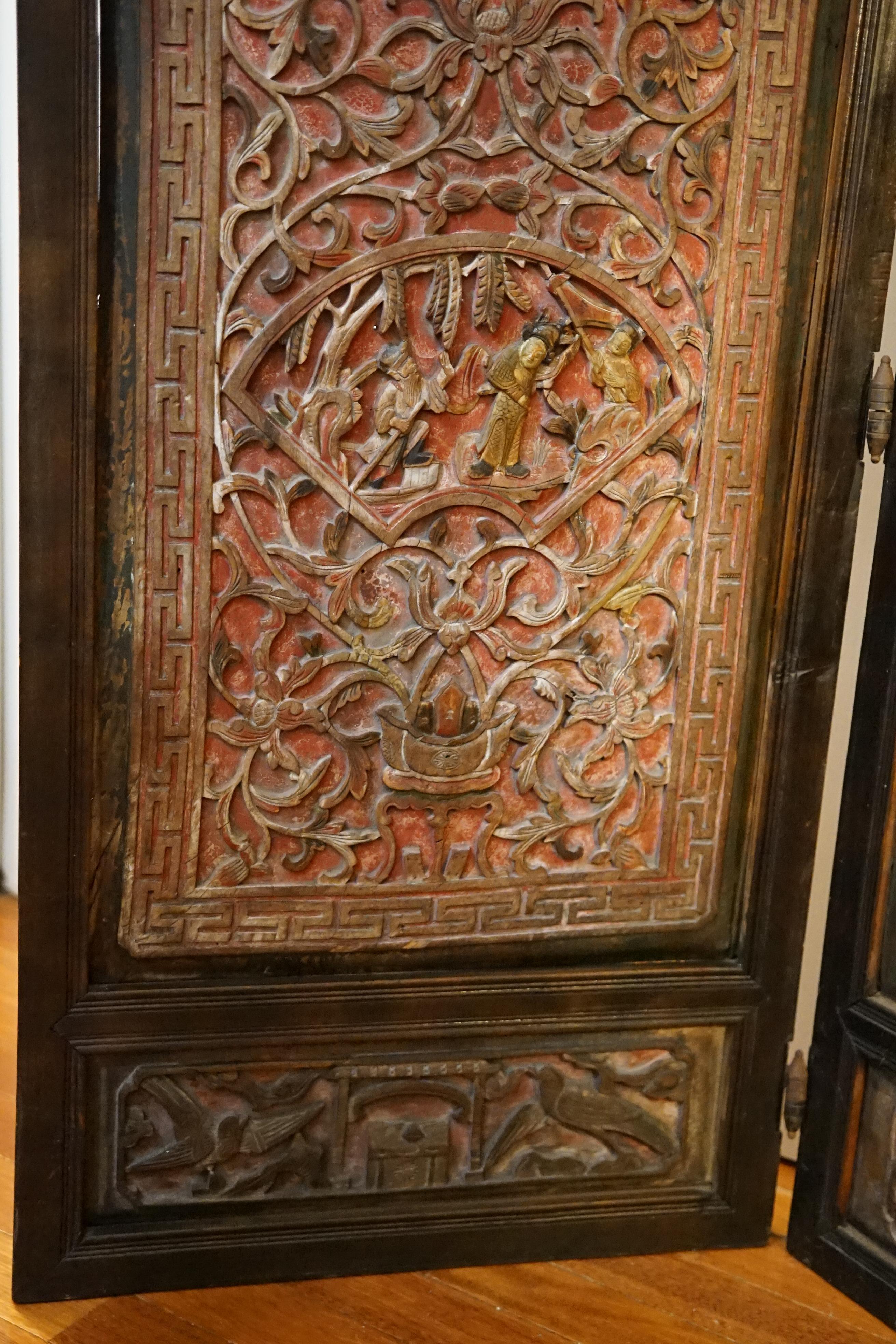 Hand-Painted 19th Century Hardwood Red and Ebonized Carved Figural Two-Panel Screen