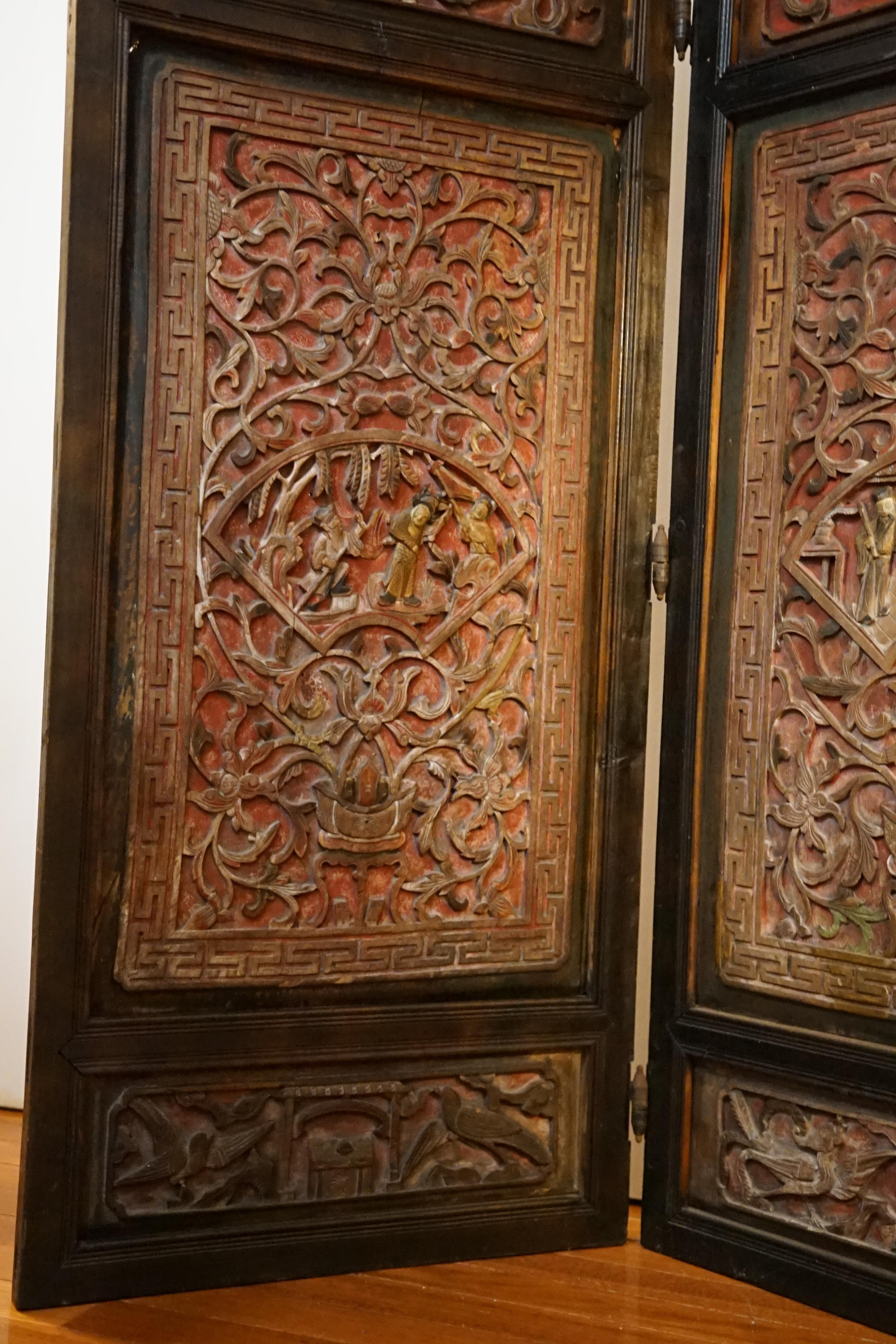 19th Century Hardwood Red and Ebonized Carved Figural Two-Panel Screen 1