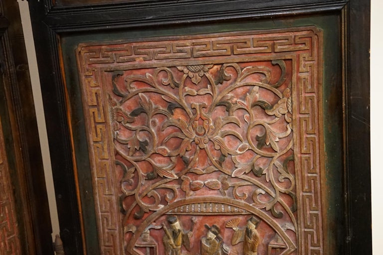 19th Century Hardwood Red and Ebonized Carved Figural Two-Panel Screen For Sale 3