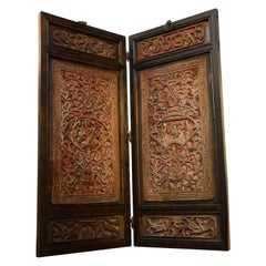 Antique 19th Century Hardwood Red and Ebonized Carved Figural Two-Panel Screen