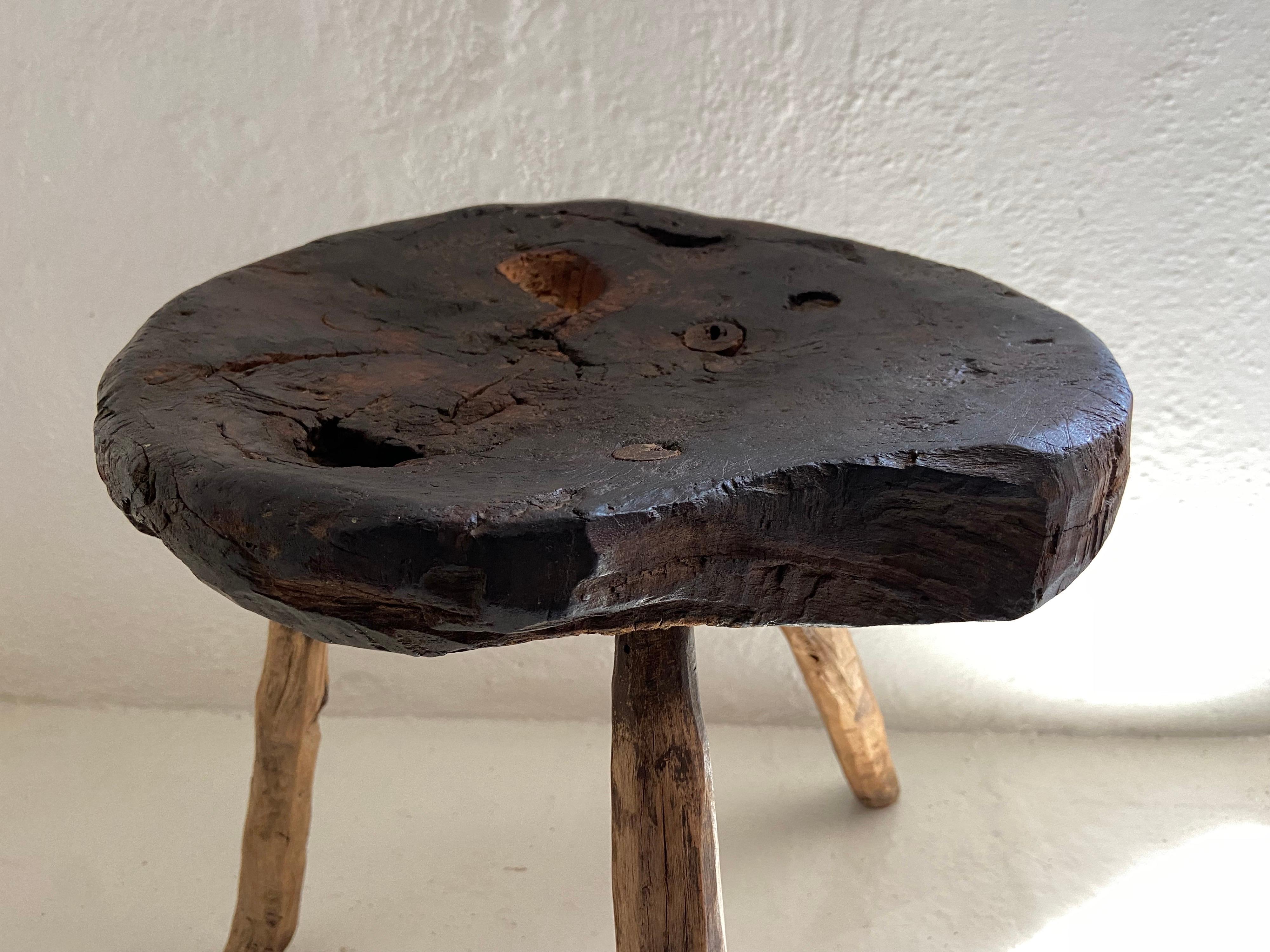 Rustic 19th Century Hardwood Stool from Mexico For Sale