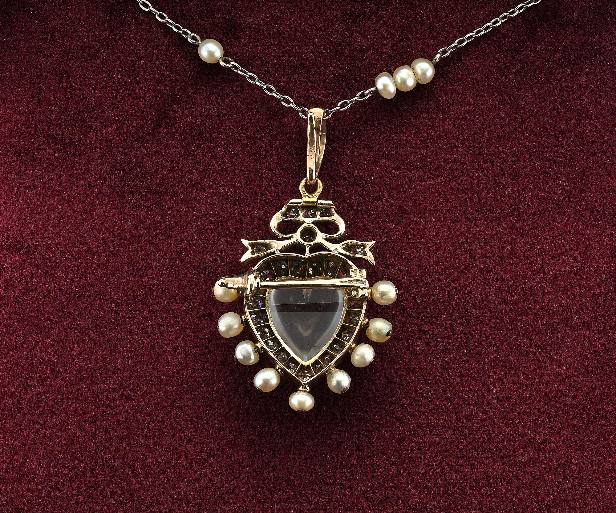 Pendentif cœur de style Vioctorian en pierre de lune sculptée avec diamants 1,40 carat  Chaîne de broche en vente 6