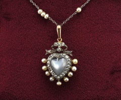 Victorian Heart Carved Moonstone 1.40 Ct Diamond Pearl Pendant  Brooch Chain