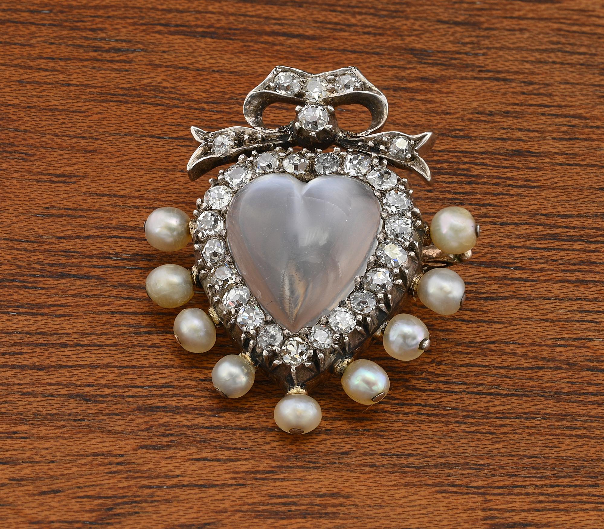 Victorian Vioctorian Heart Carved Moonstone 1.40 Ct Diamond Pearl Pendant  Brooch Chain For Sale