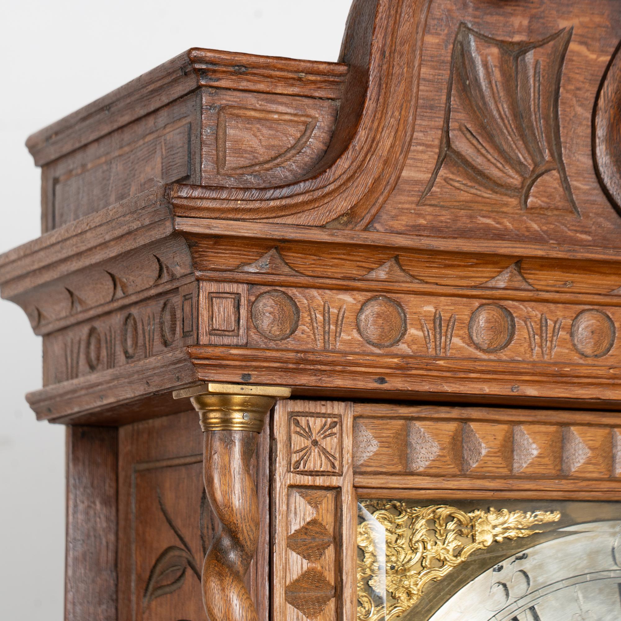 19th Century Heavily Carved English Oak Grandfather Clock For Sale 9