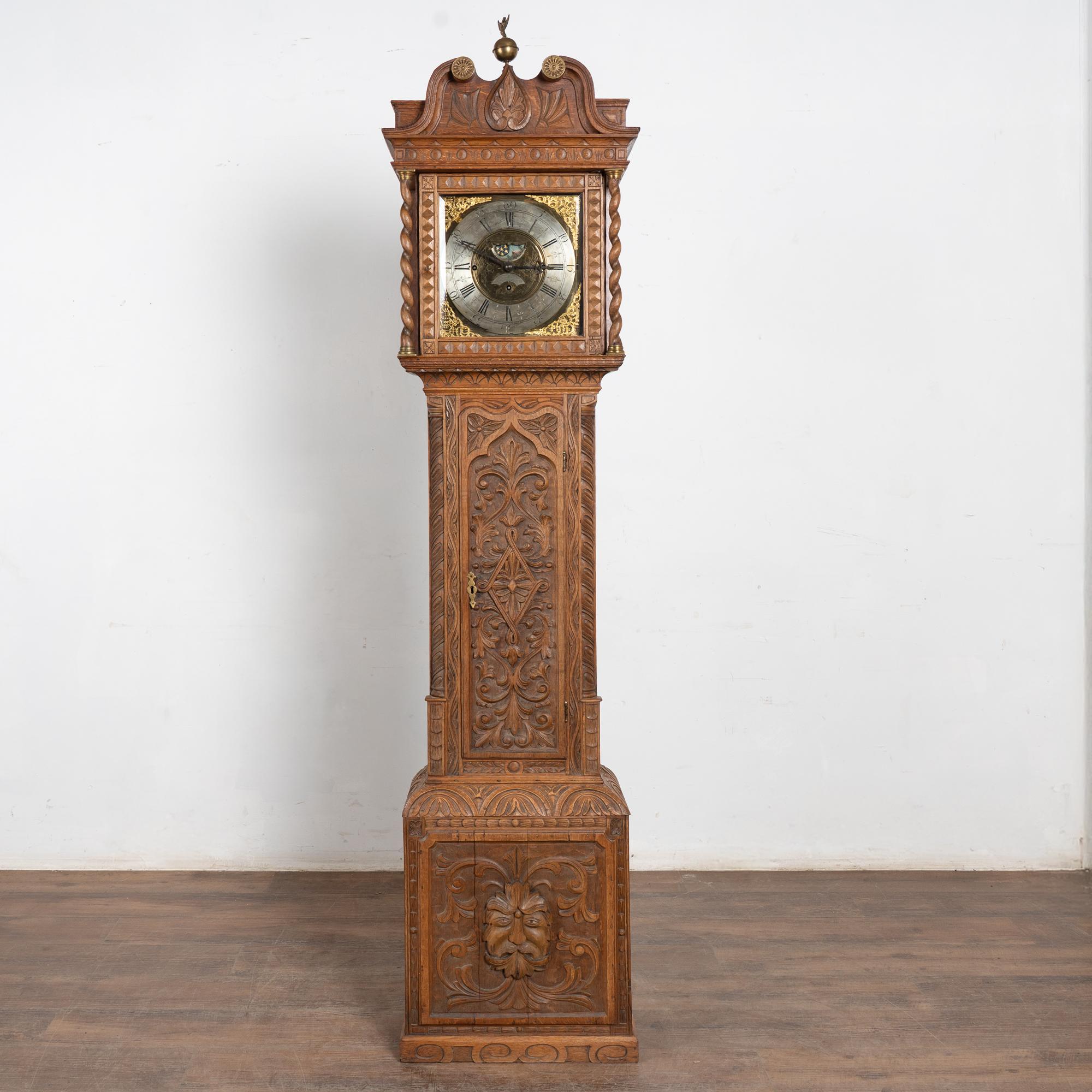 Hand-Carved 19th Century Heavily Carved English Oak Grandfather Clock For Sale
