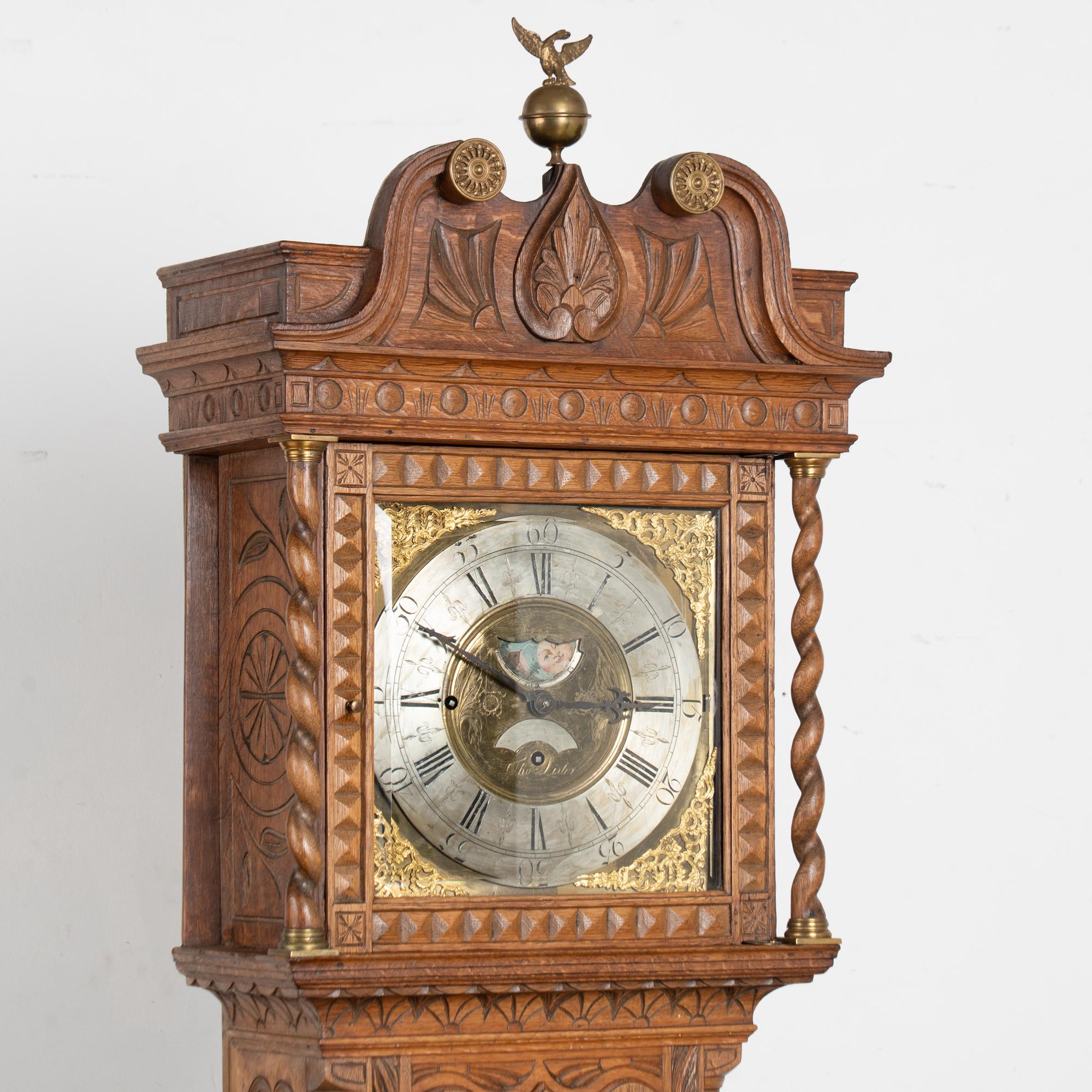 19th Century Heavily Carved English Oak Grandfather Clock In Good Condition For Sale In Round Top, TX