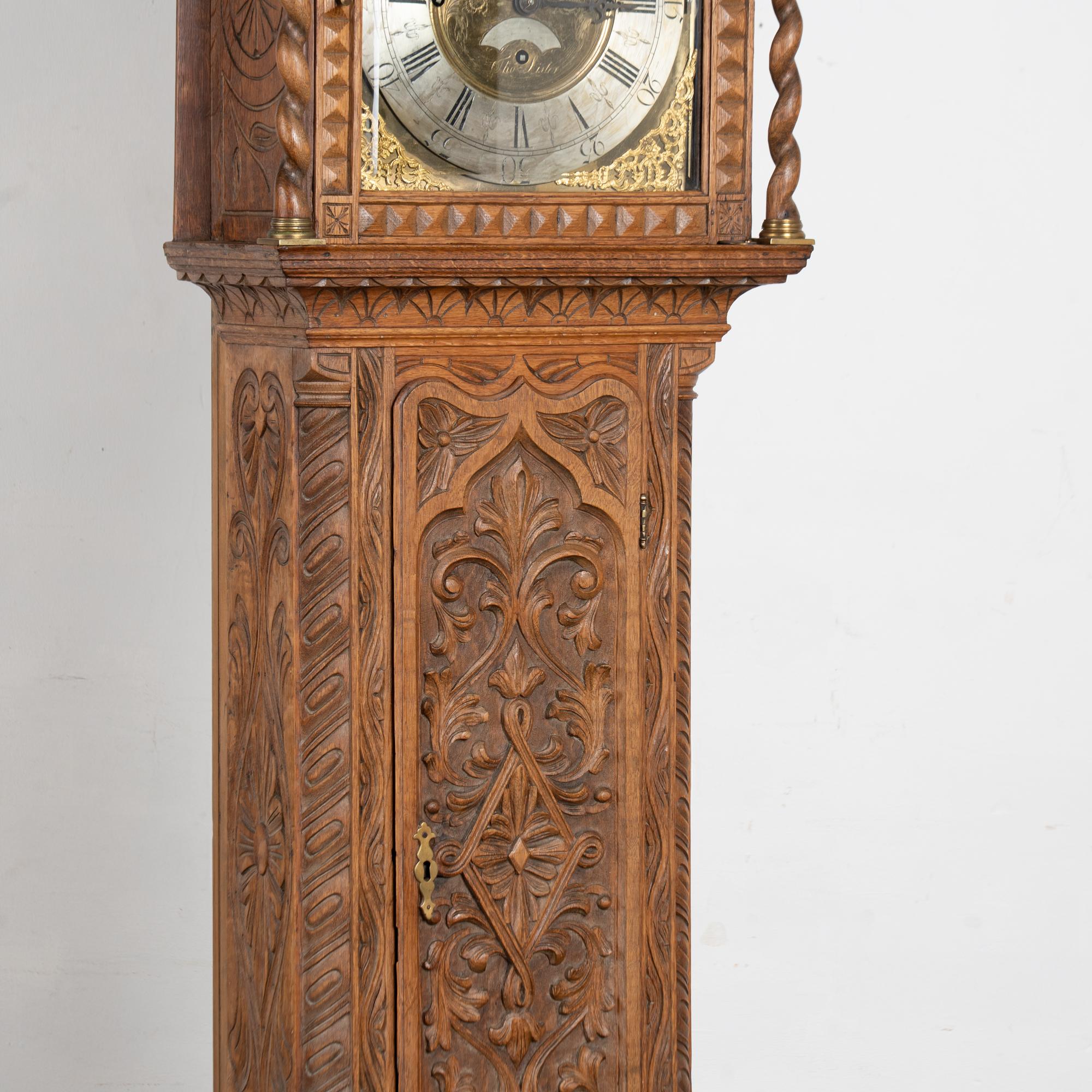 19th Century Heavily Carved English Oak Grandfather Clock For Sale 1