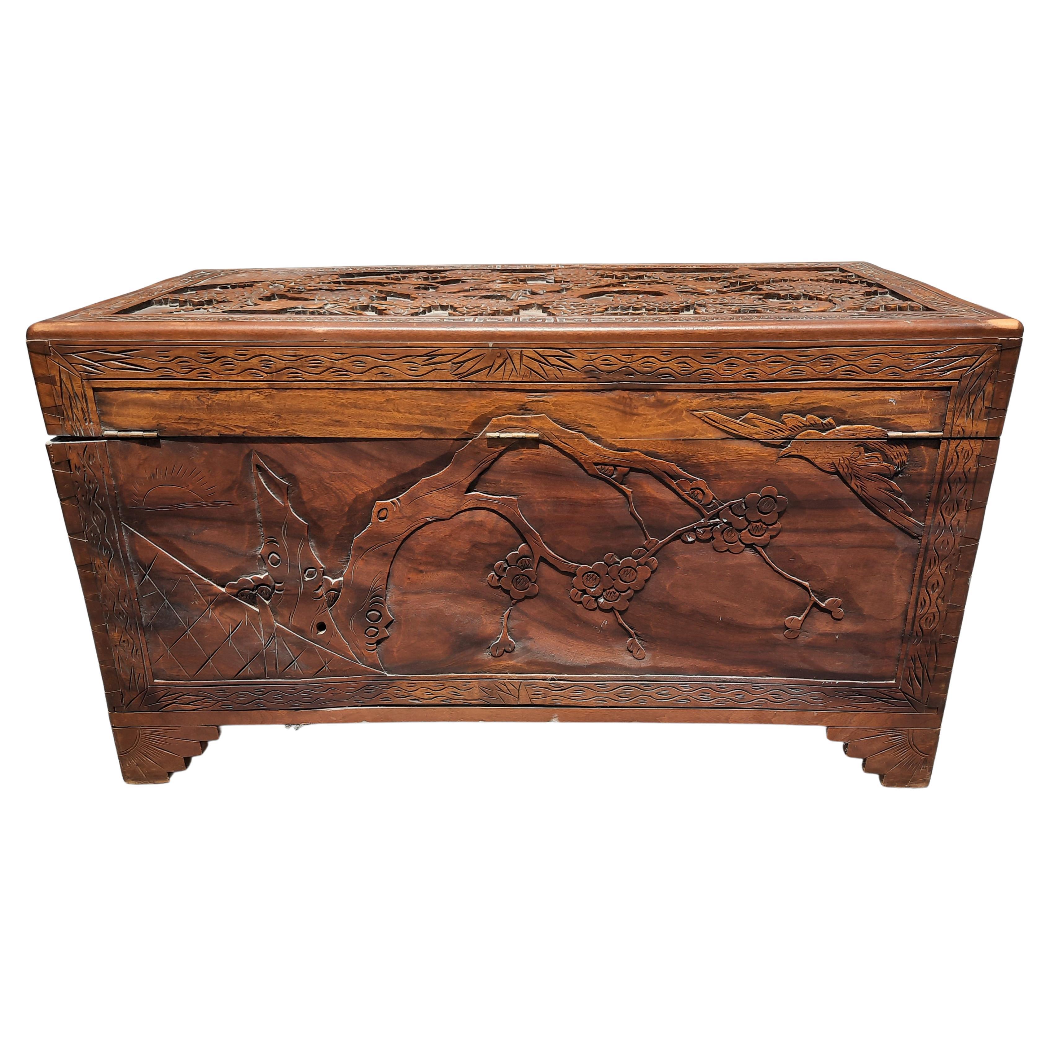 20th Century 19th Century Heavily Hand Carved Asian Blanket Chest Trunk For Sale