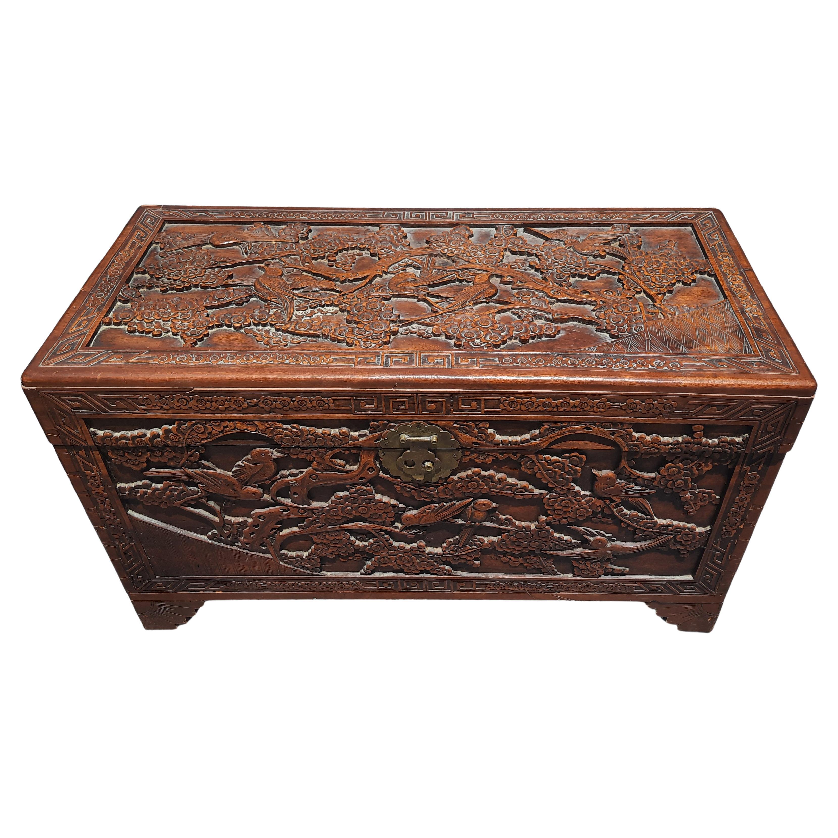 Antique heavily hand carved Asian blanket chest trunk from Hong Kong, Circa 1870s. Good vintage condition. Pad Lock Lockable
Measures 41
