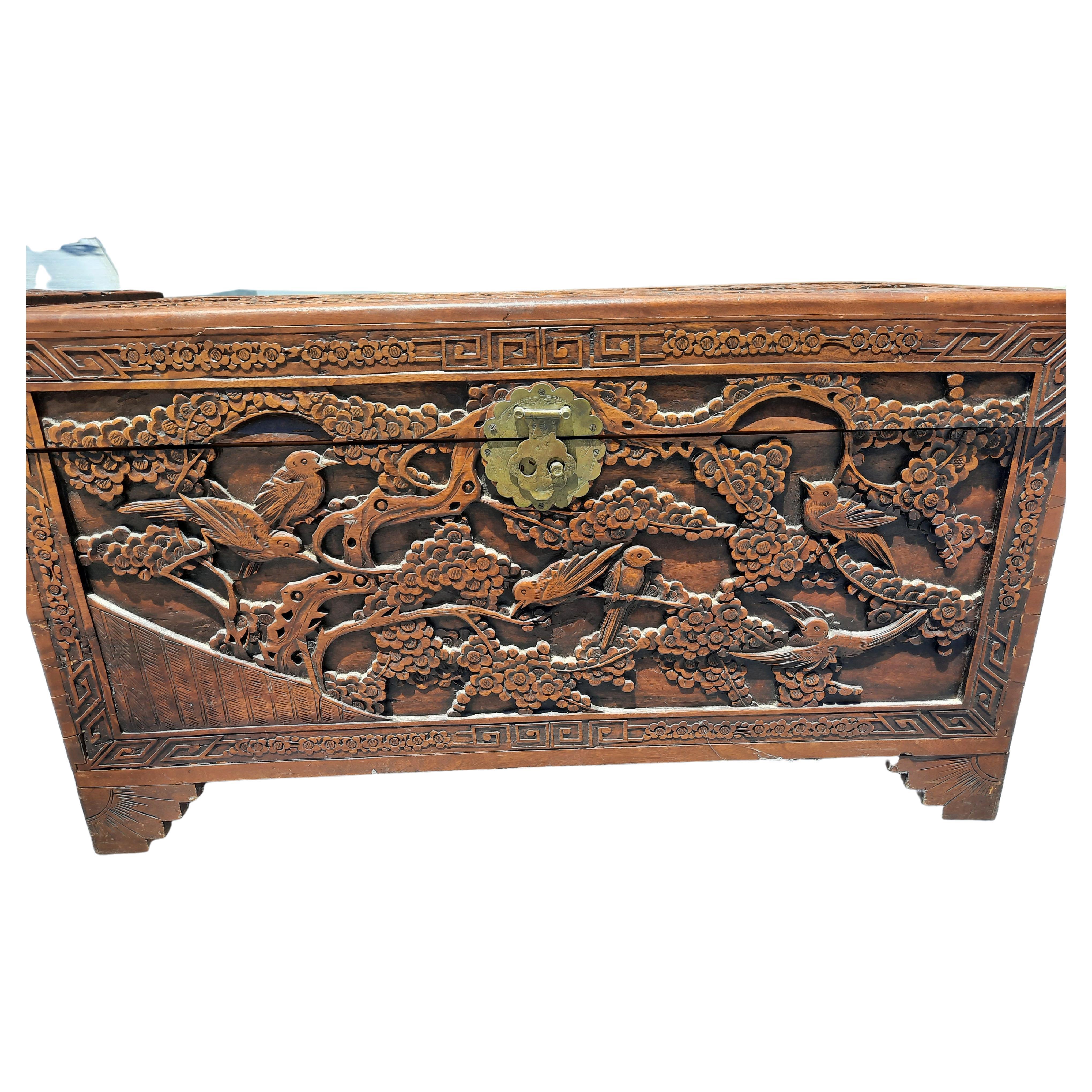 Tang 19th Century Heavily Hand Carved Asian Blanket Chest Trunk For Sale
