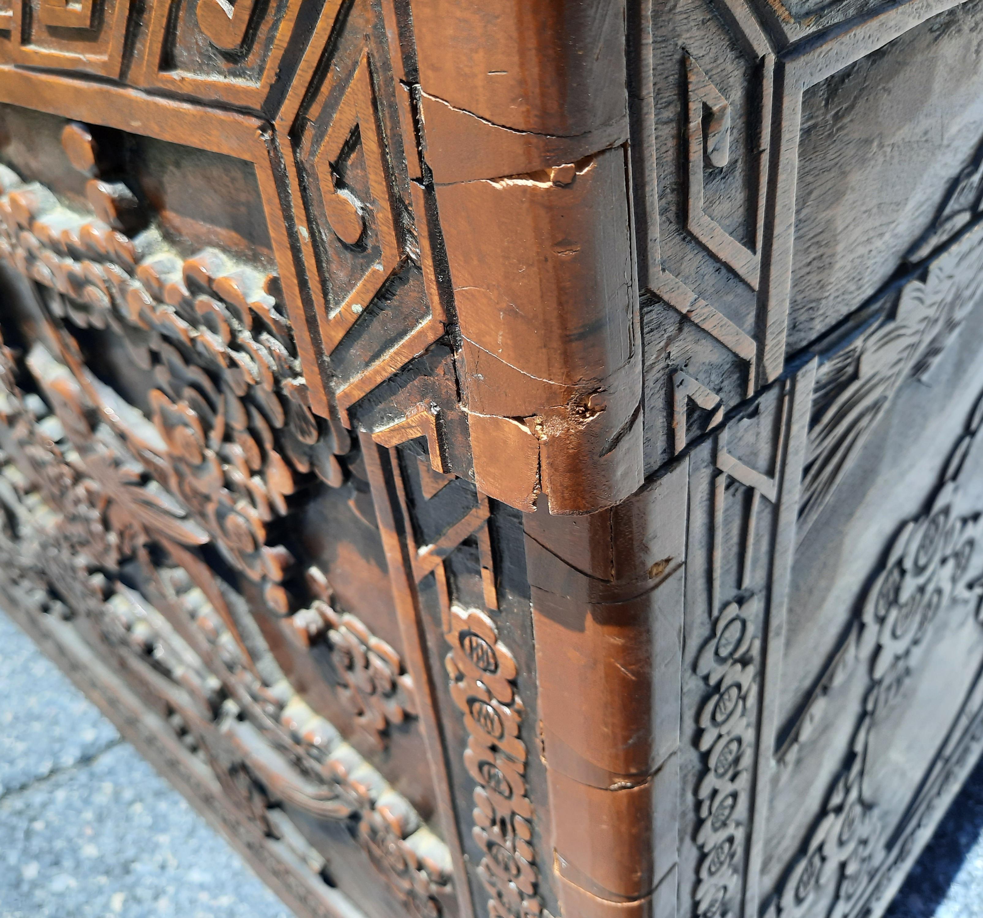 Hong Kong 19th Century Heavily Hand Carved Asian Blanket Chest Trunk For Sale