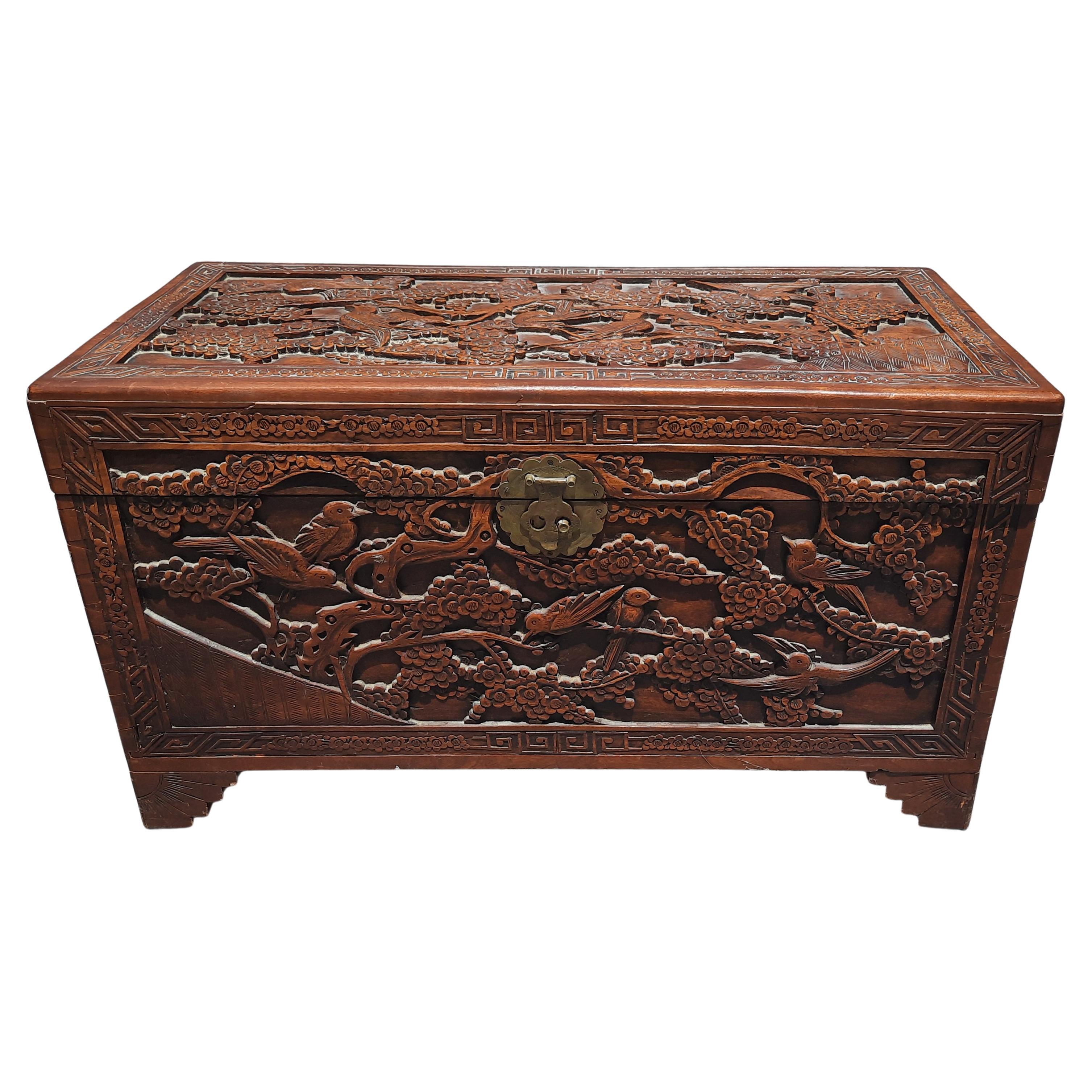 19th Century Heavily Hand Carved Asian Blanket Chest Trunk For Sale