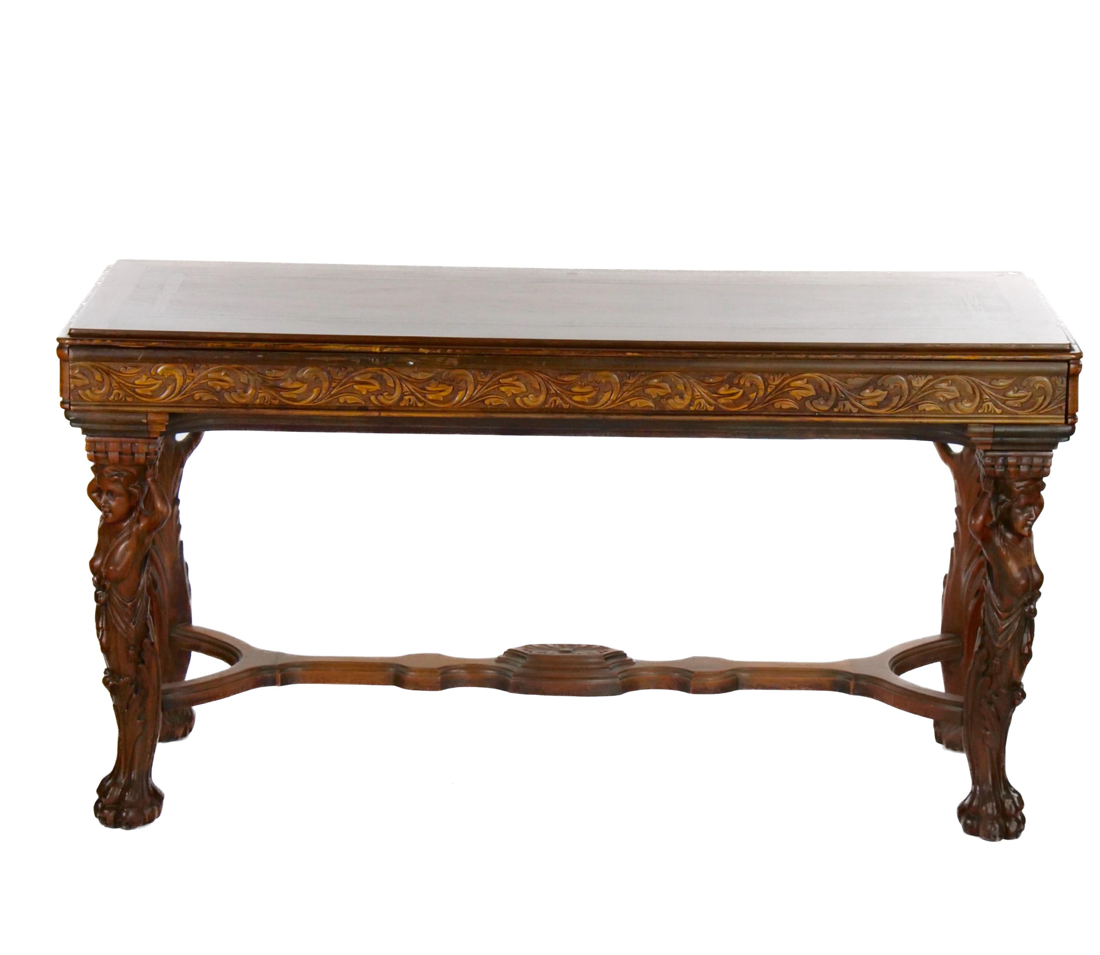 Hand-Carved 19th Century Heavily Hand Carved Inlaid Top Console / Center Table For Sale
