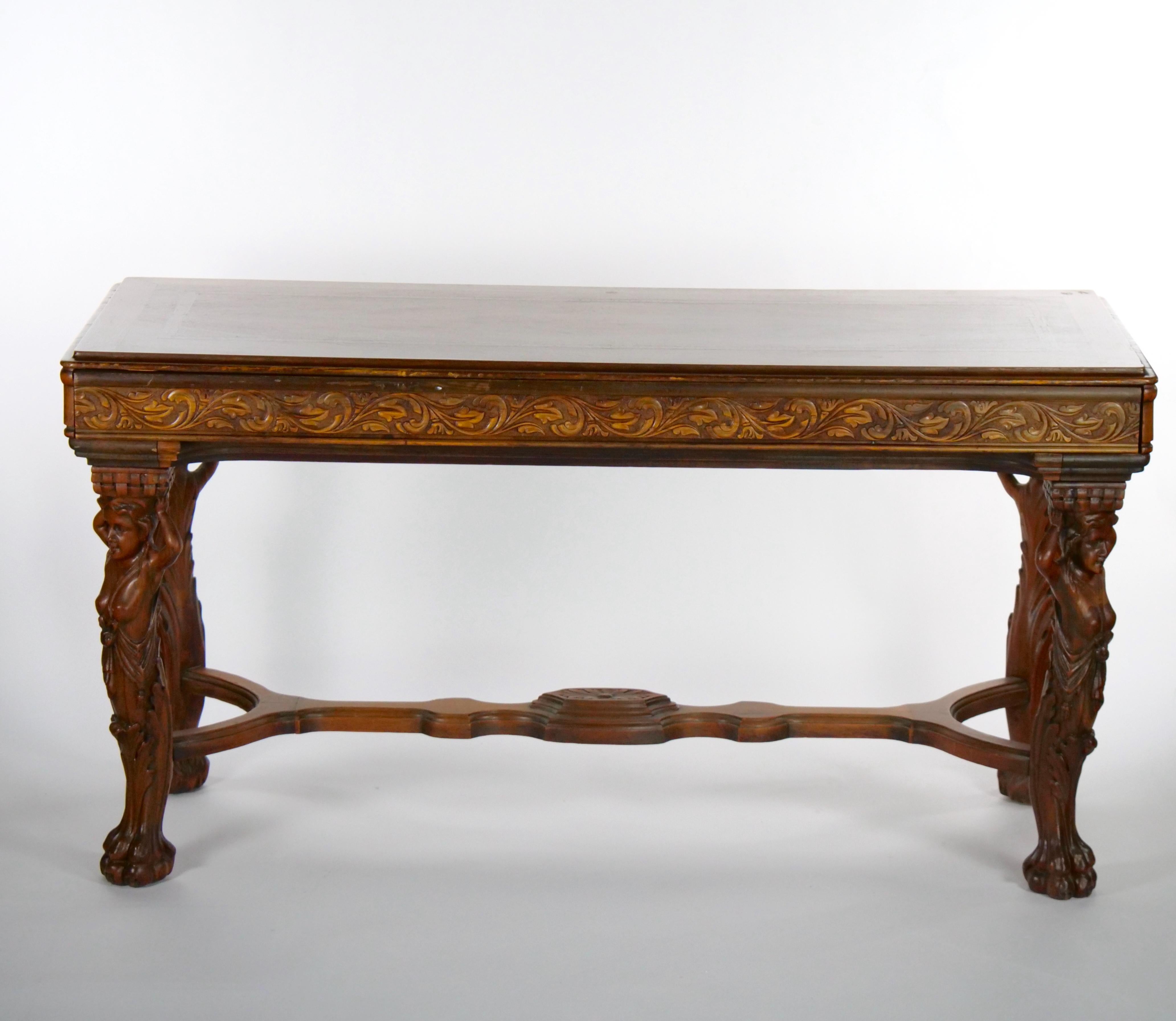 19th Century Heavily Hand Carved Inlaid Top Console / Center Table In Good Condition For Sale In Tarry Town, NY