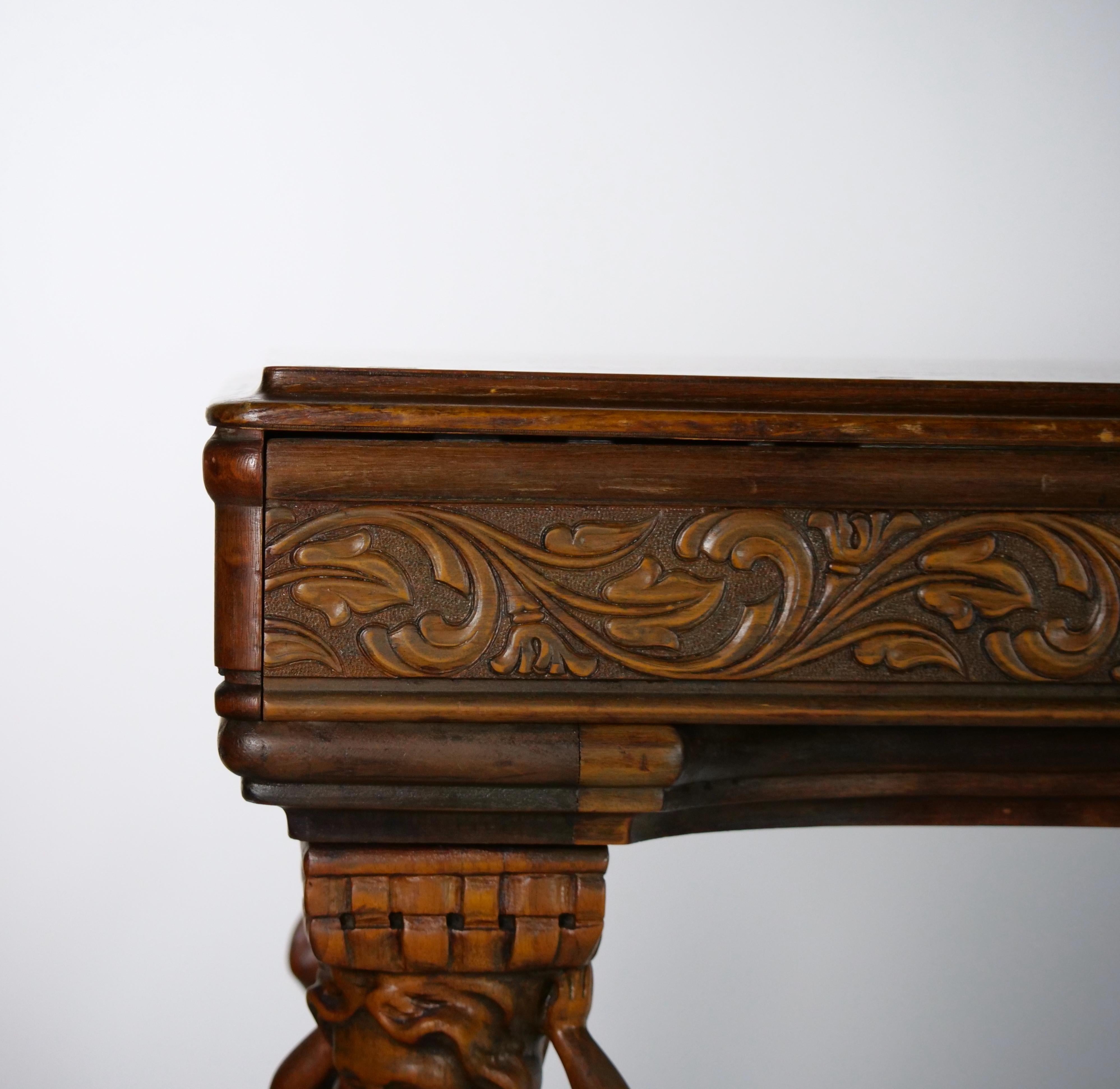 Mahogany 19th Century Heavily Hand Carved Inlaid Top Console / Center Table For Sale