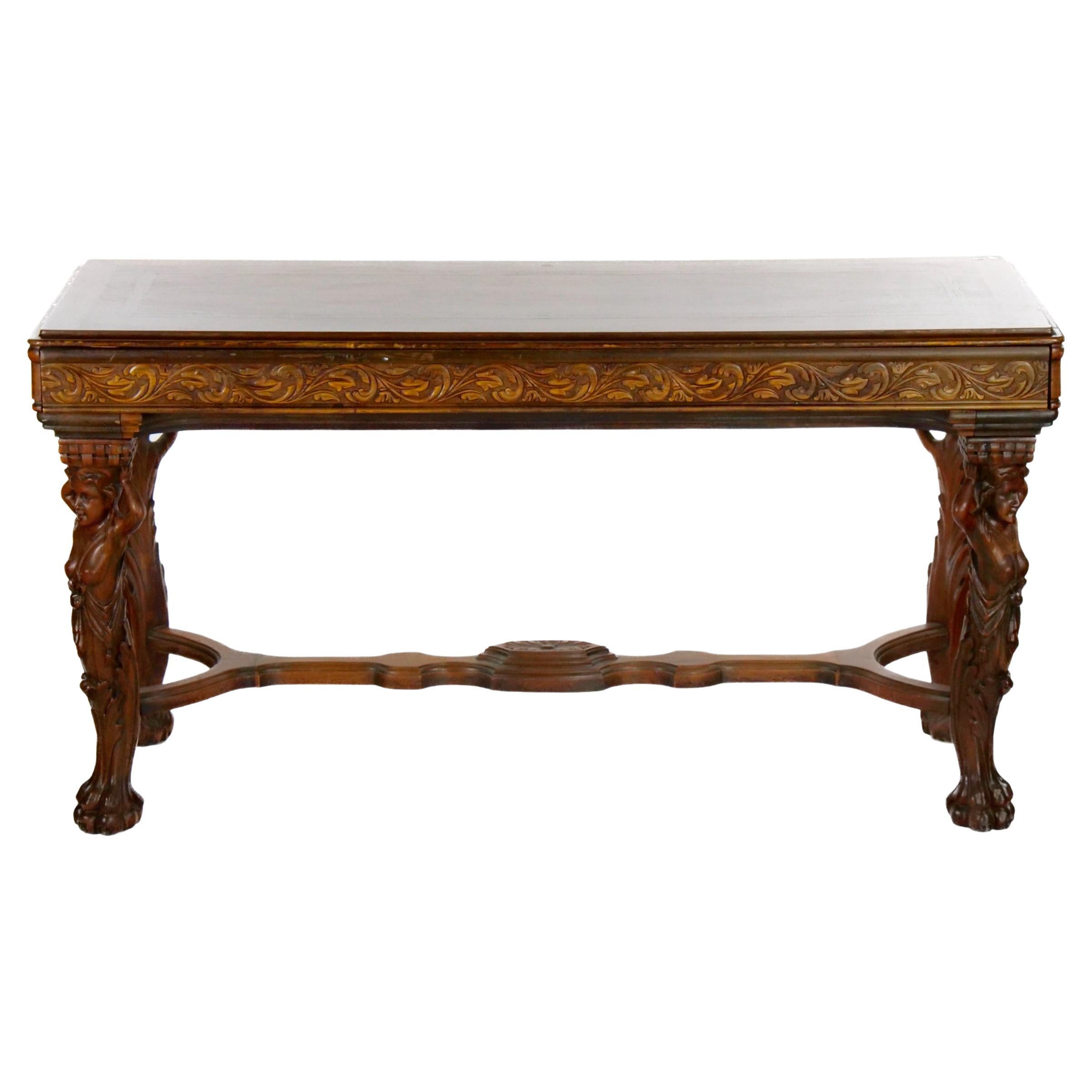 Console / Table centrale du 19e siècle à plateau en marqueterie lourdement sculptée à la main en vente