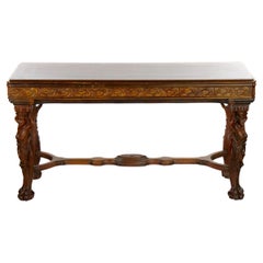 Antique 19th Century Heavily Hand Carved Inlaid Top Console / Center Table