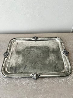 19th Century Heavily Patinated Silver Plate Tray with Deer and Facial Details