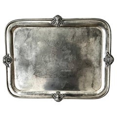19th Century Heavily Patinated Silver Plate Tray with Deer and Facial Details