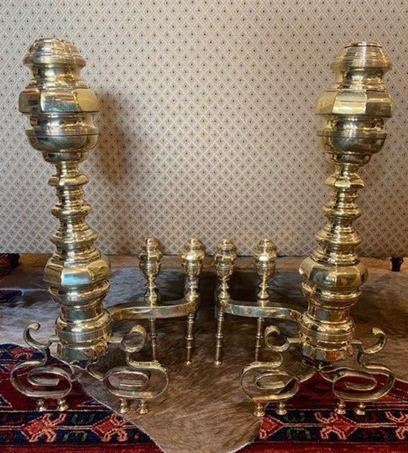 19th Century Heavy Brass Scrolled Andirons 6