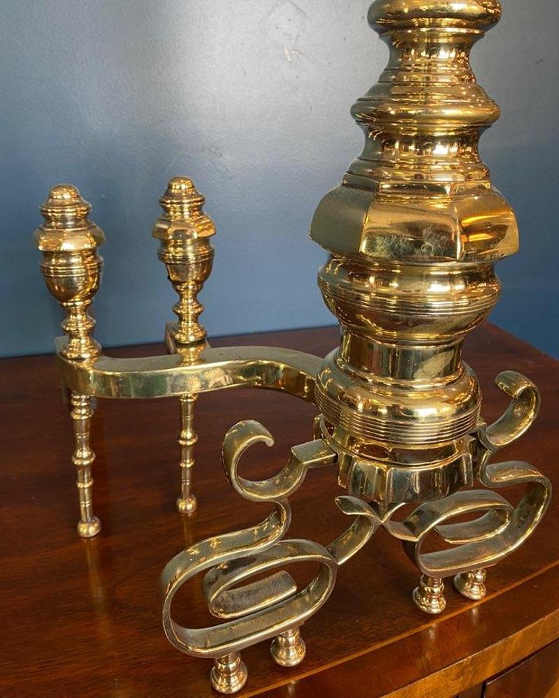 19th Century Heavy Brass Scrolled Andirons. Unique and heavy duty fireplace dogs. Circa 1800s. Measure: 23