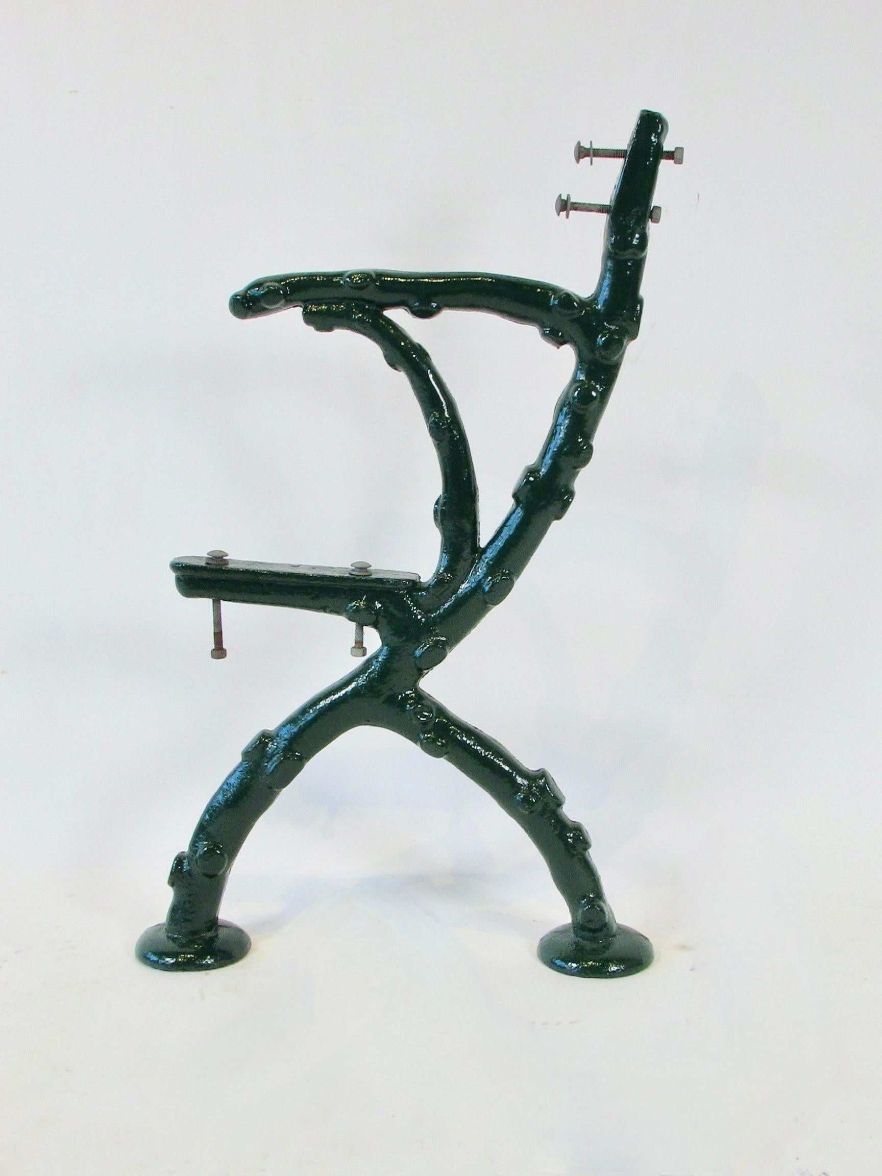 19th century heavy cast iron faux bois bench frames in hunter green finish For Sale 6