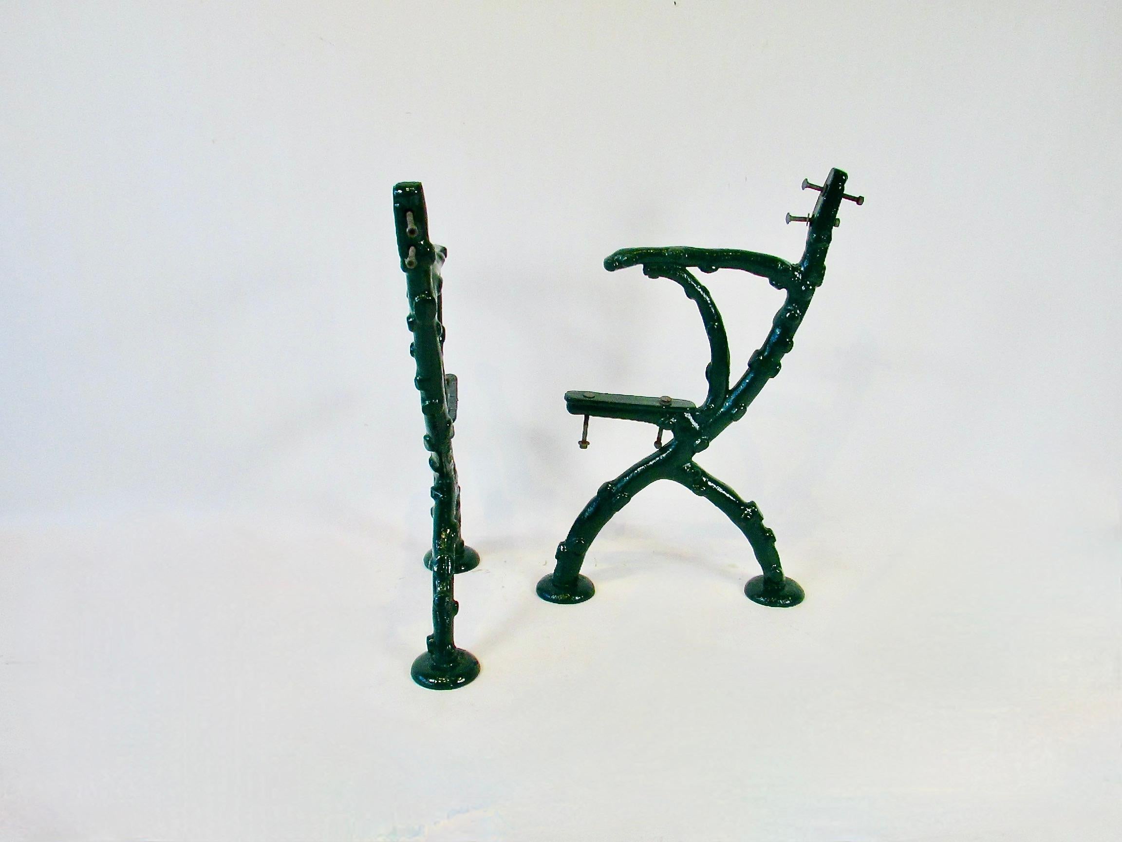 Rustic 19th century heavy cast iron faux bois bench frames in hunter green finish For Sale