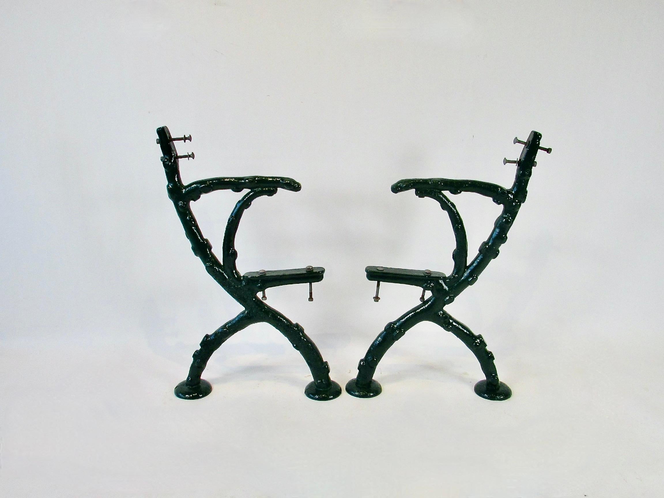 American 19th century heavy cast iron faux bois bench frames in hunter green finish For Sale
