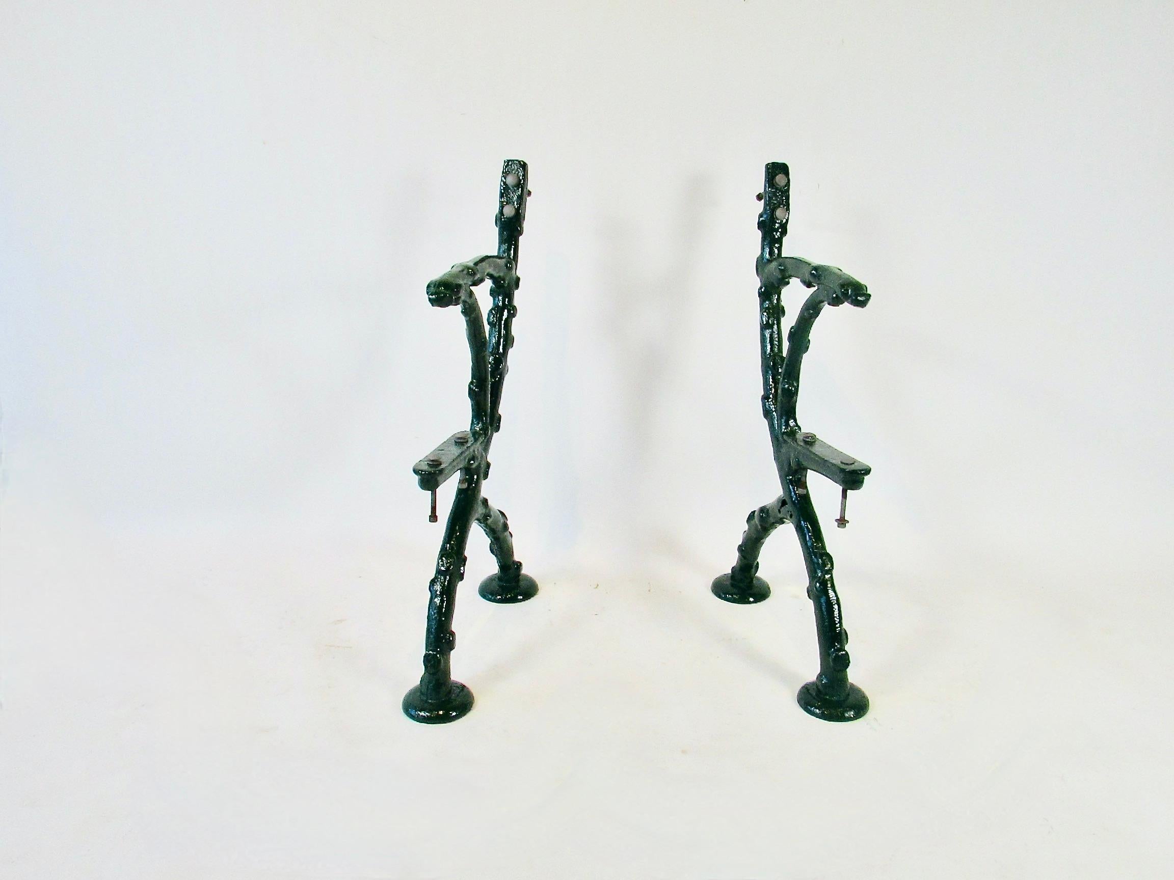 Cast 19th century heavy cast iron faux bois bench frames in hunter green finish For Sale