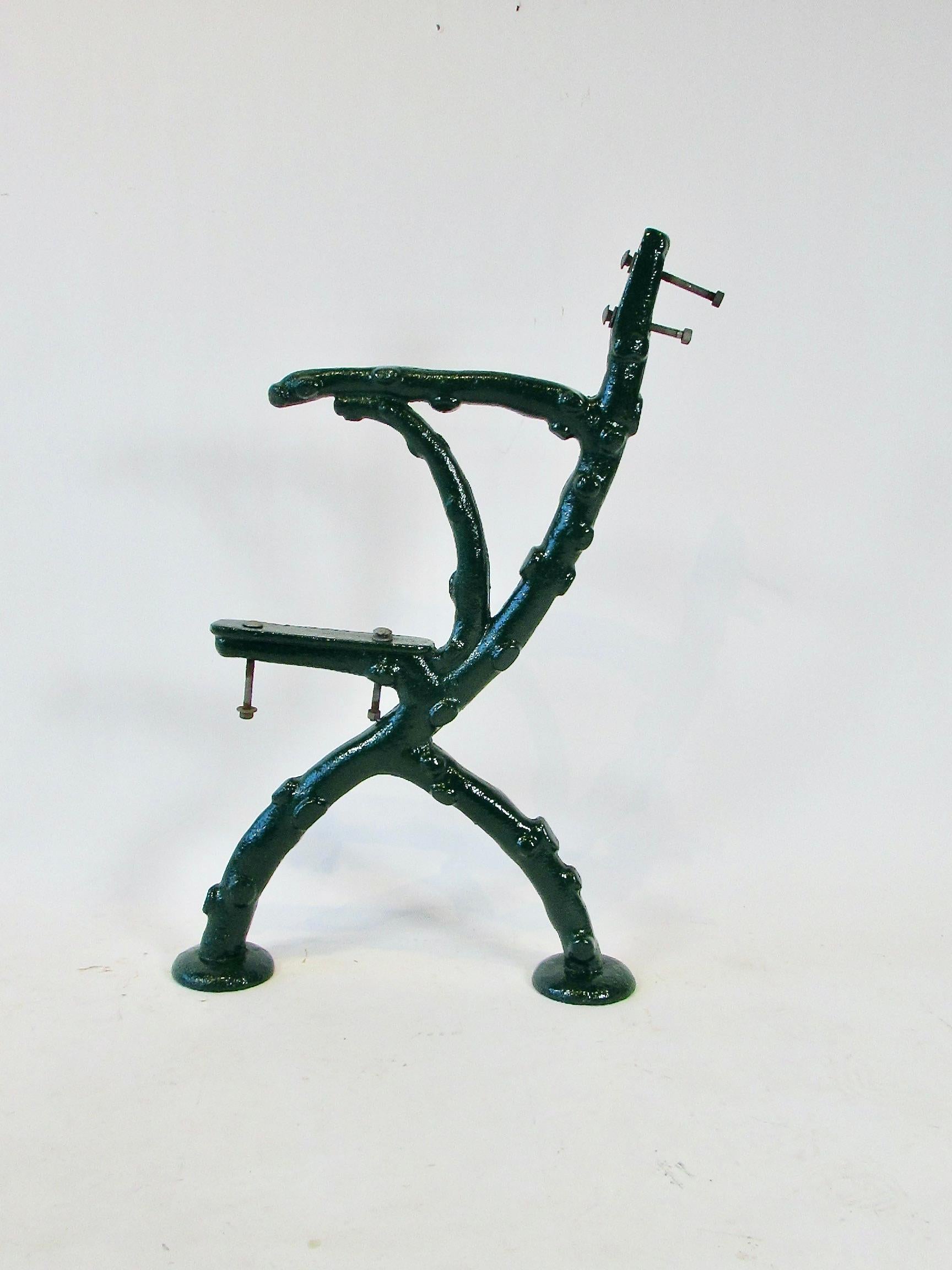 Iron 19th century heavy cast iron faux bois bench frames in hunter green finish For Sale