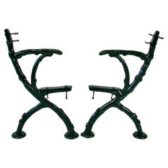 Antique 19th century heavy cast iron faux bois bench frames in hunter green finish