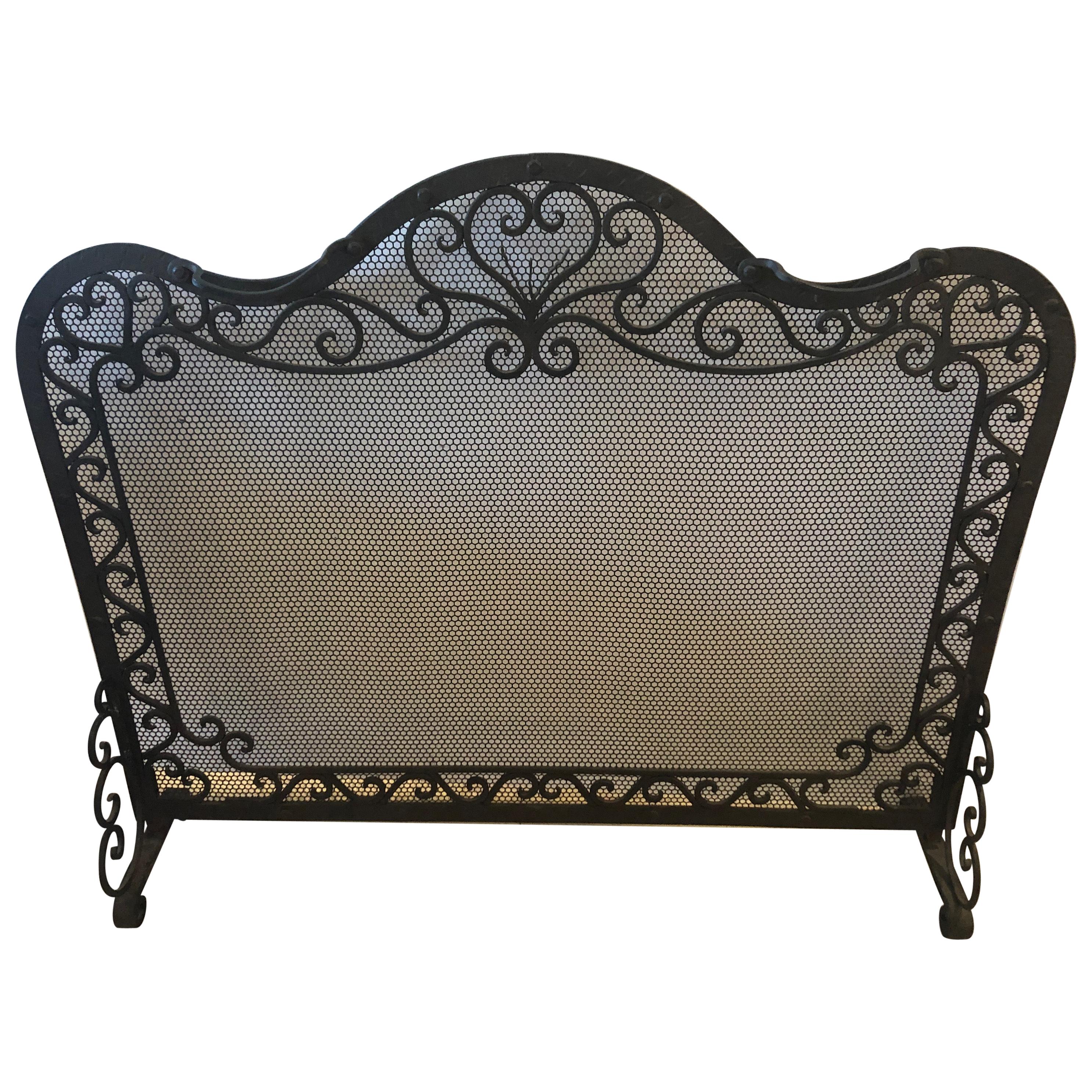 19th Century Heavy Freestanding Handwrought Iron and Honeycomb Fireplace Screen For Sale