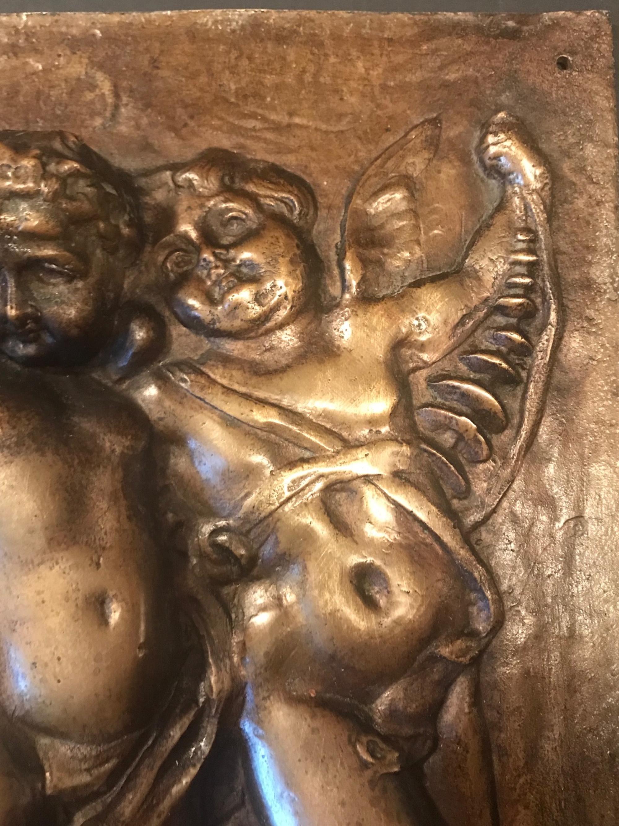 19th Century Heavy French Bronze Relief Plaque of 3 Putti with Instruments 4