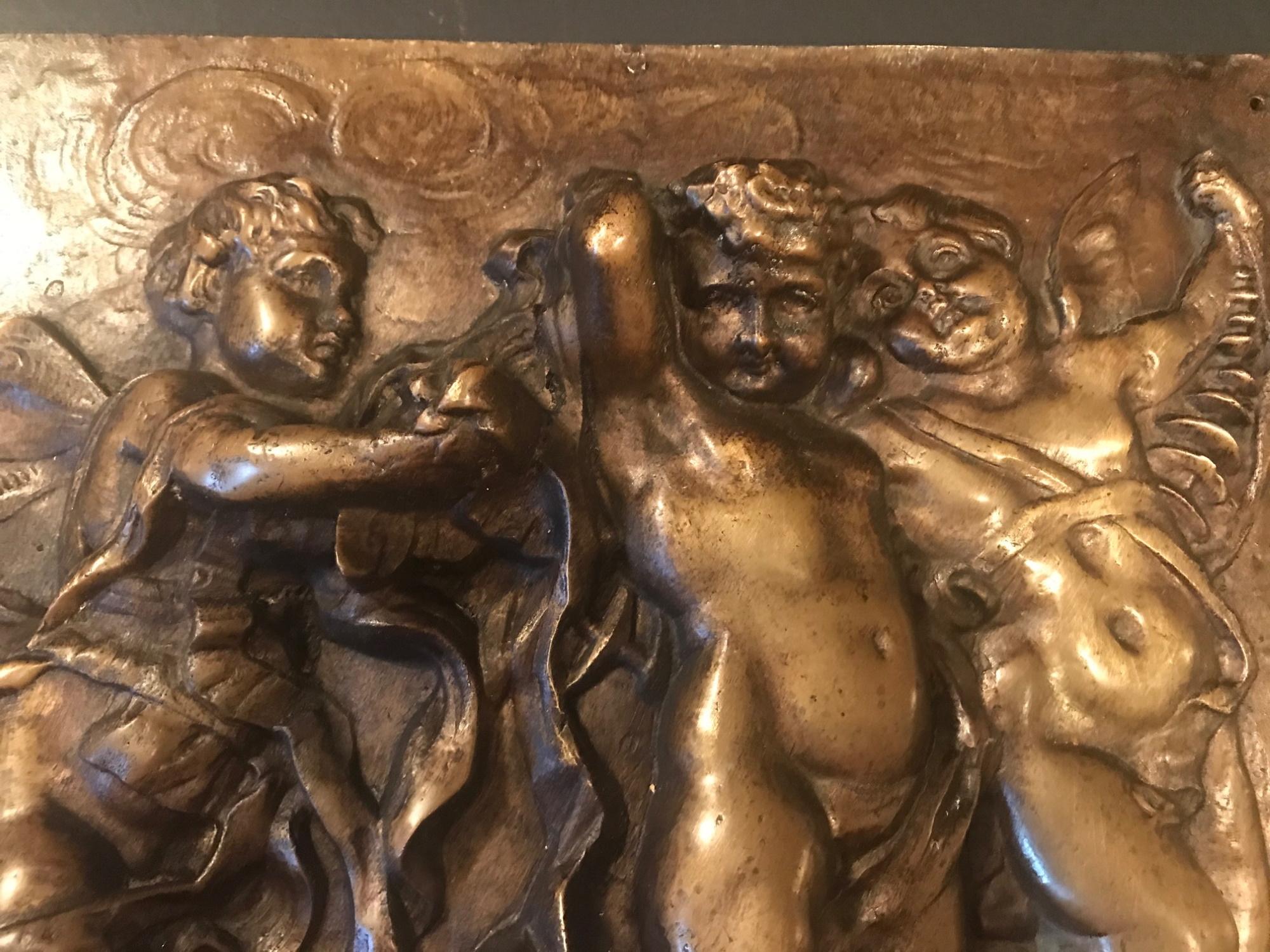 Baroque 19th Century Heavy French Bronze Relief Plaque of 3 Putti with Instruments