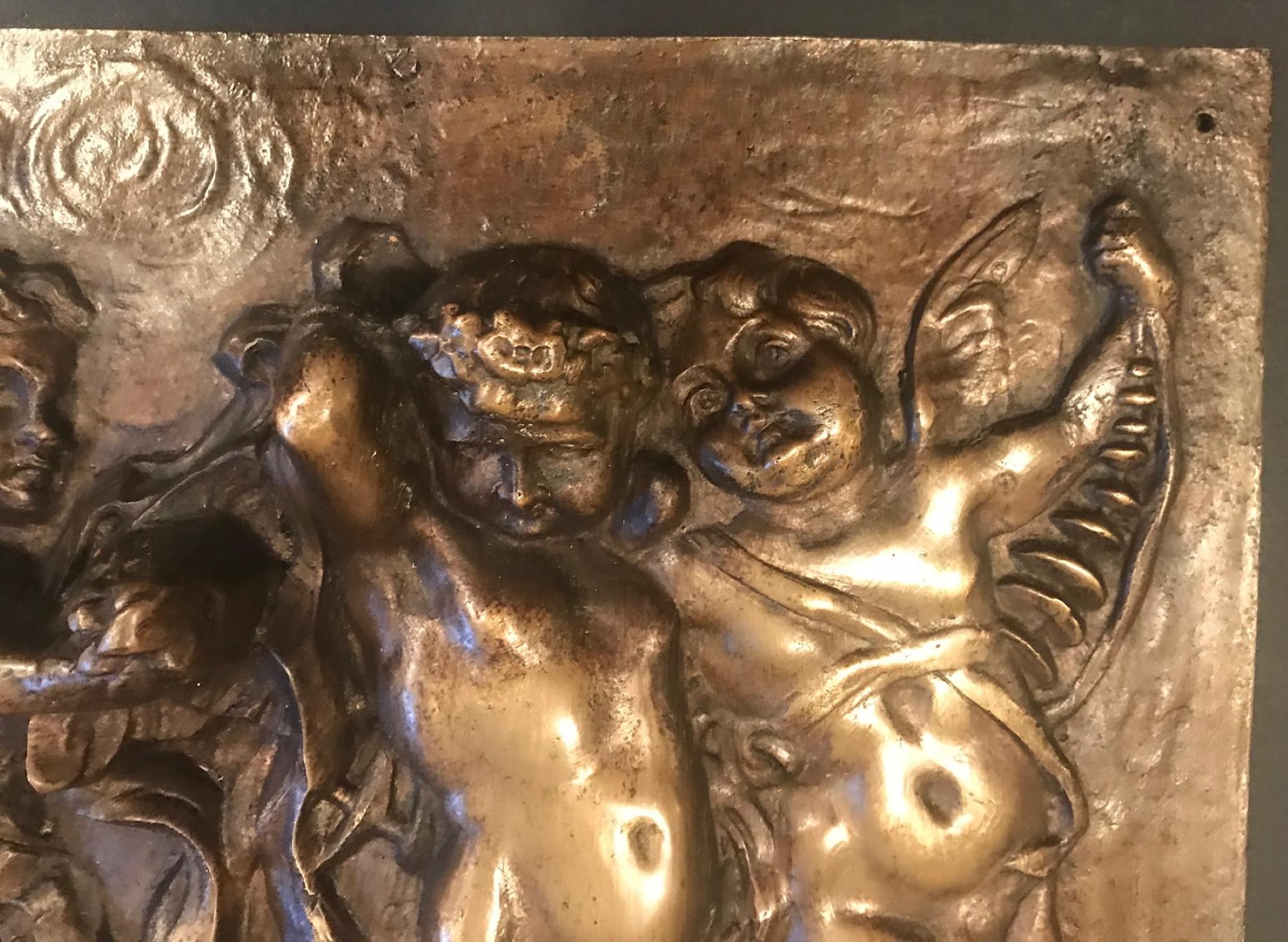 Cast 19th Century Heavy French Bronze Relief Plaque of 3 Putti with Instruments
